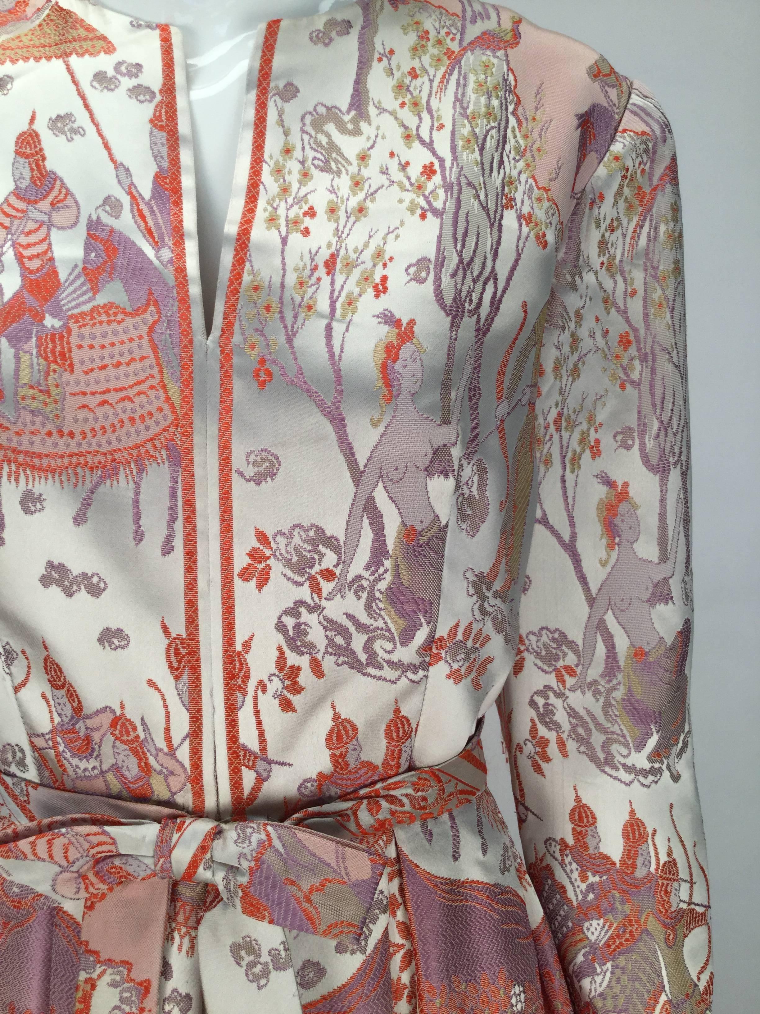 Brown 1960s Jon Mandl Silk Multicolored Asian Motif Evening Dress 