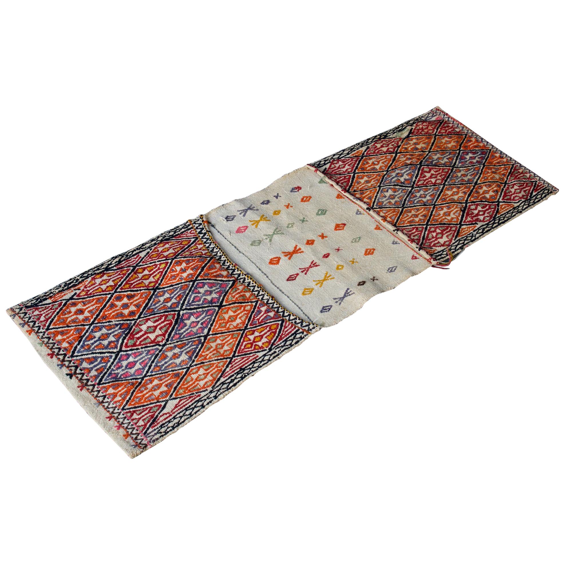 1960s Jordanian Handwoven Wool Mule Saddle Bags Rug Kilim Ladder Throw