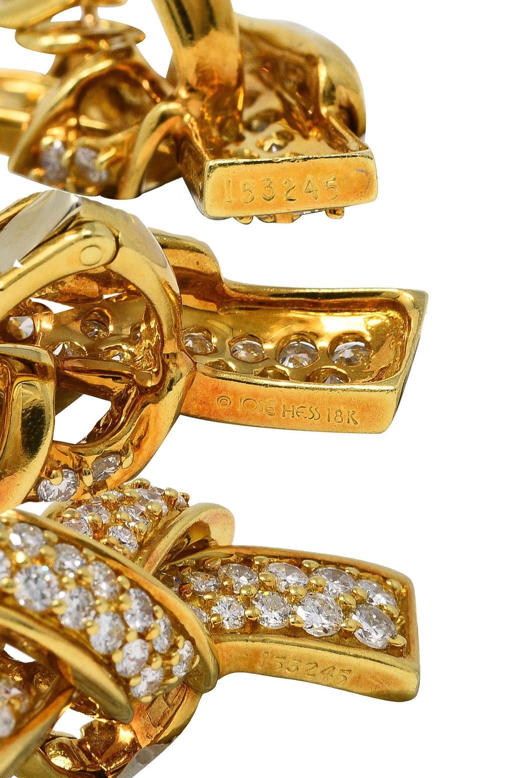 Contemporary 1960's Jose Hess 3.45 Carats Pavè Diamond 18 Karat Yellow Gold Knot Earrings 