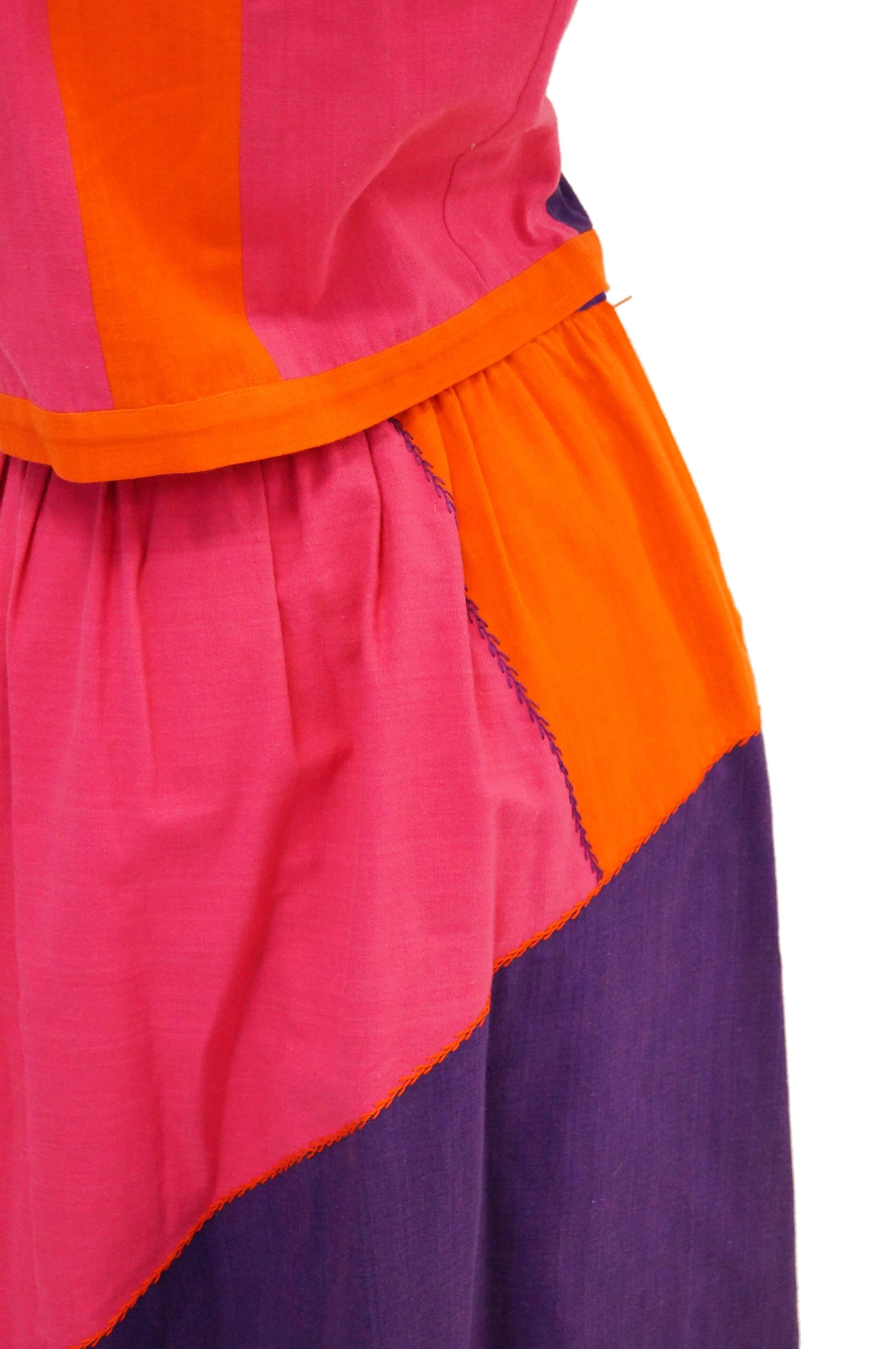 1960s Josefa Pink, Orange, and Purple Embroidered Mexican Shirt and Top For Sale 2