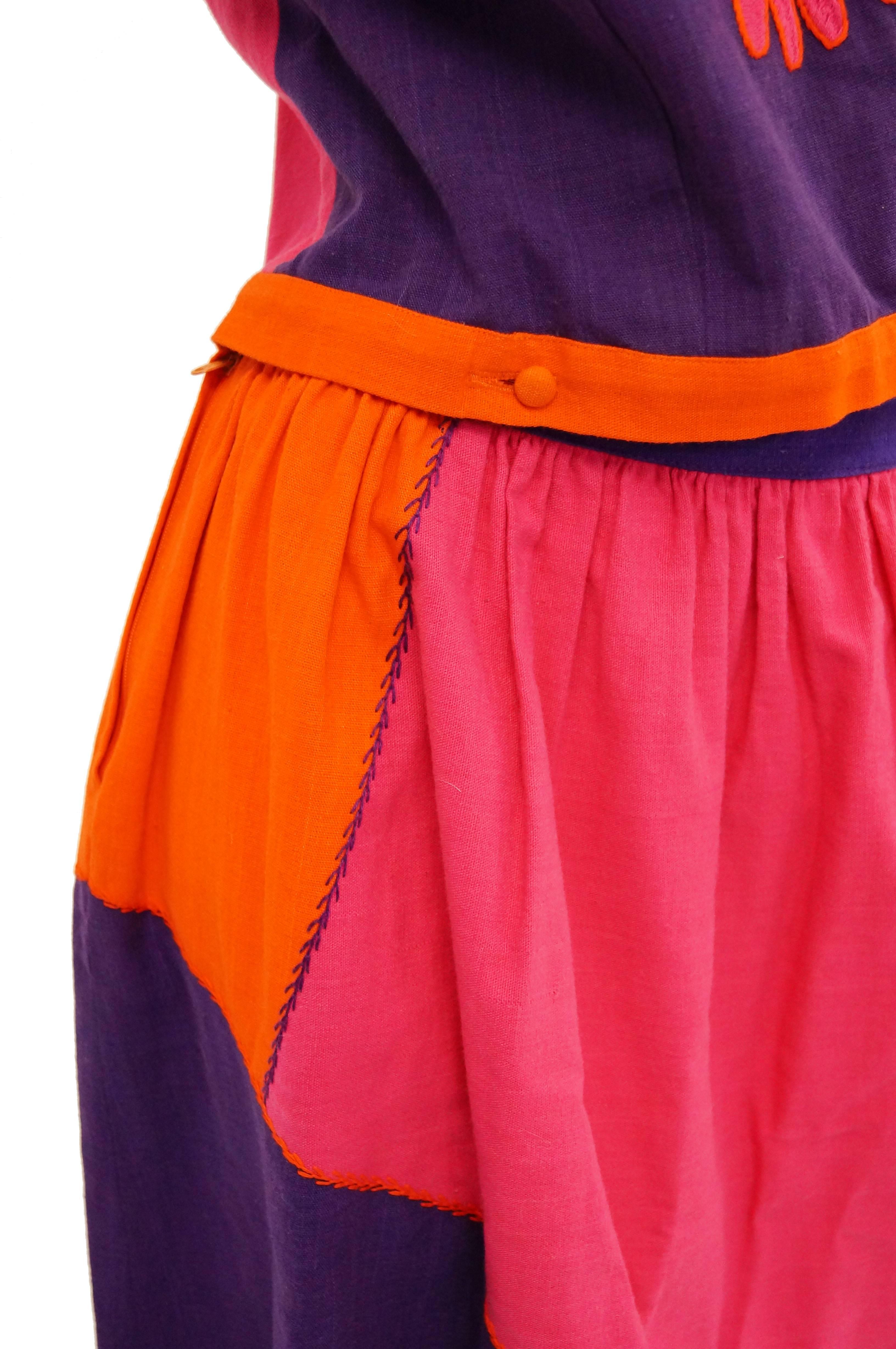1960s Josefa Pink, Orange, and Purple Embroidered Mexican Shirt and Top For Sale 3