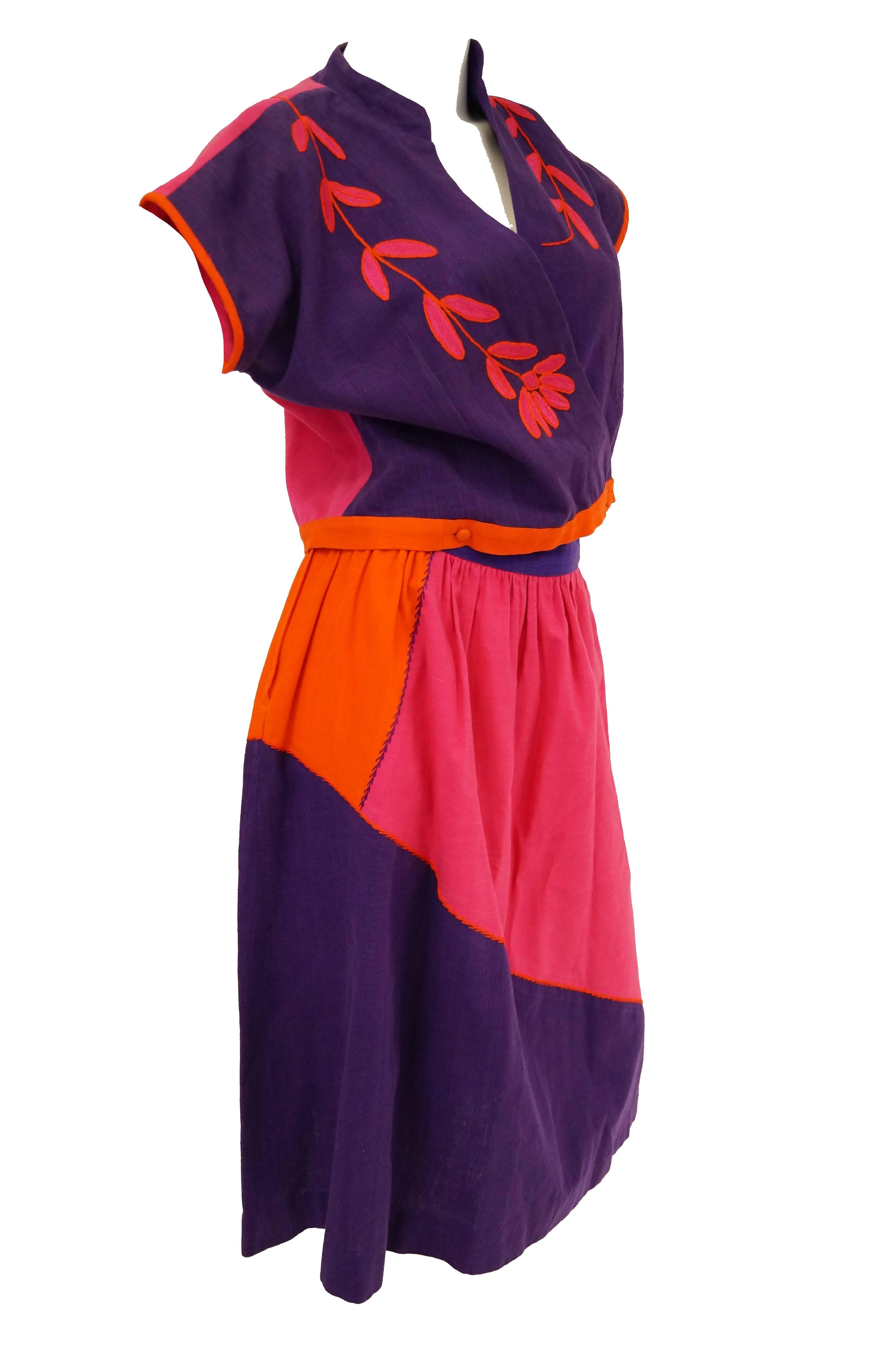 1960s Josefa Pink, Orange, and Purple Embroidered Mexican Shirt and Top For Sale 4