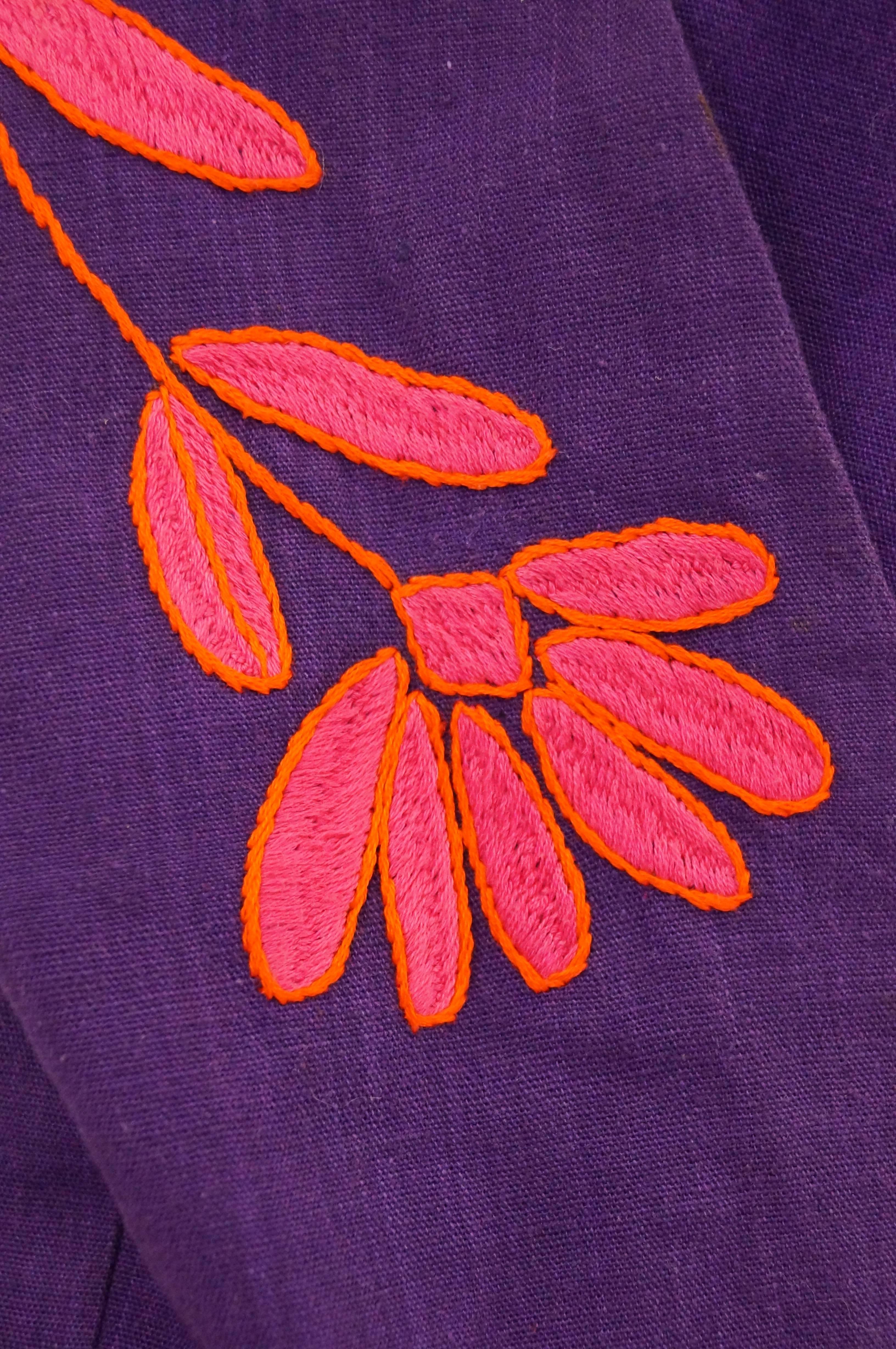 1960s Josefa Pink, Orange, and Purple Embroidered Mexican Shirt and Top In Excellent Condition For Sale In Houston, TX