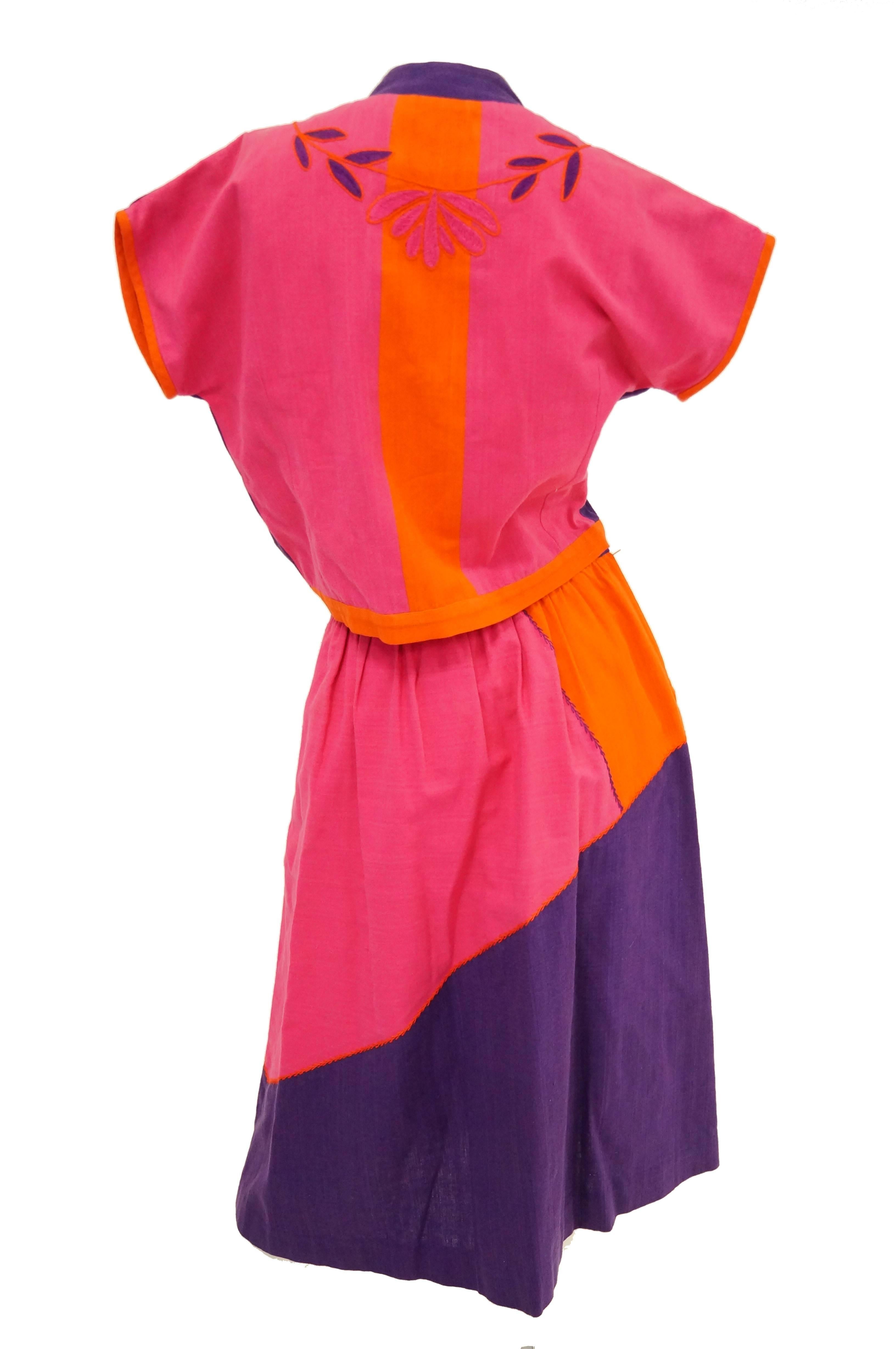 Women's 1960s Josefa Pink, Orange, and Purple Embroidered Mexican Shirt and Top For Sale