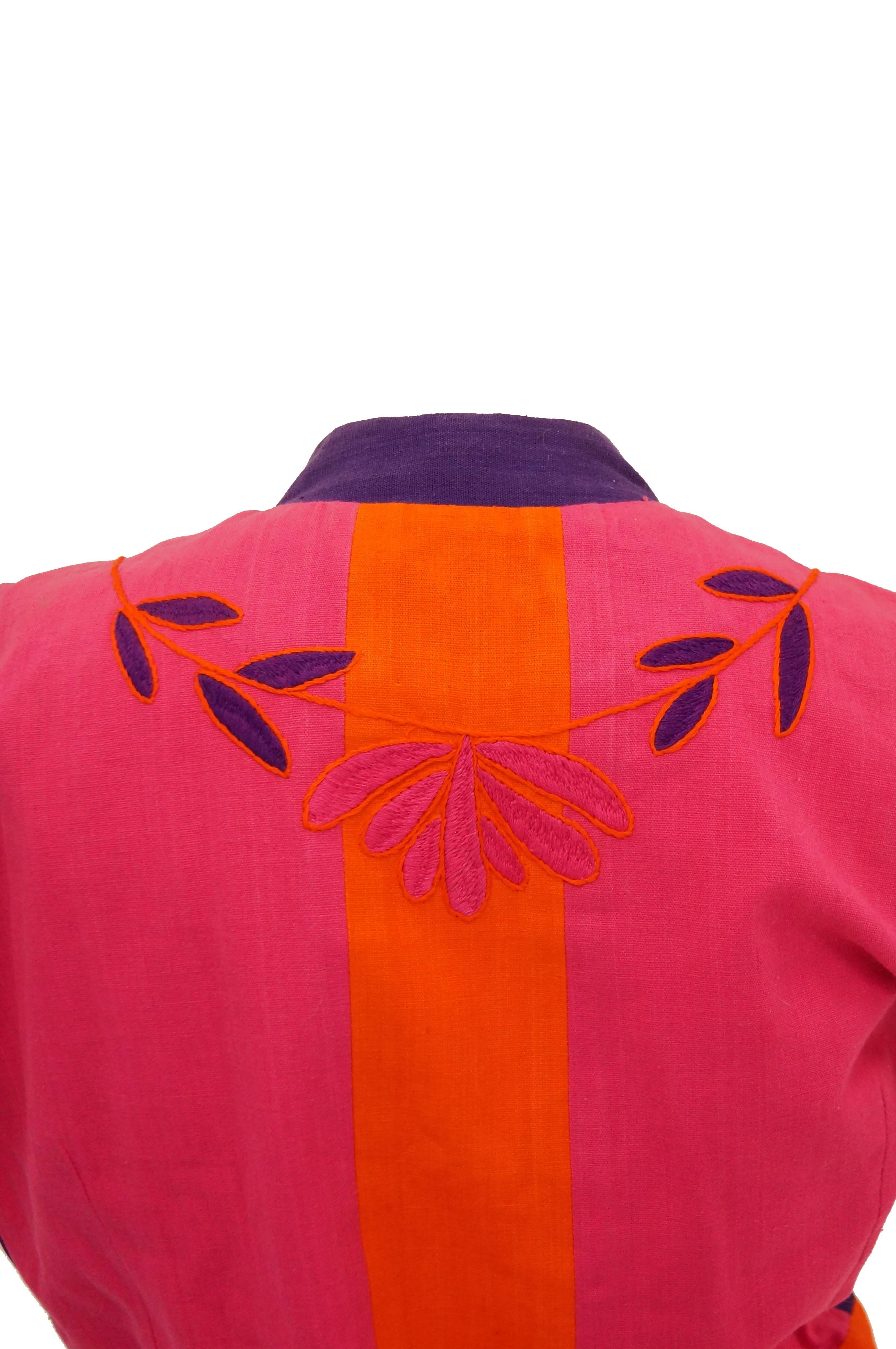 1960s Josefa Pink, Orange, and Purple Embroidered Mexican Shirt and Top For Sale 1
