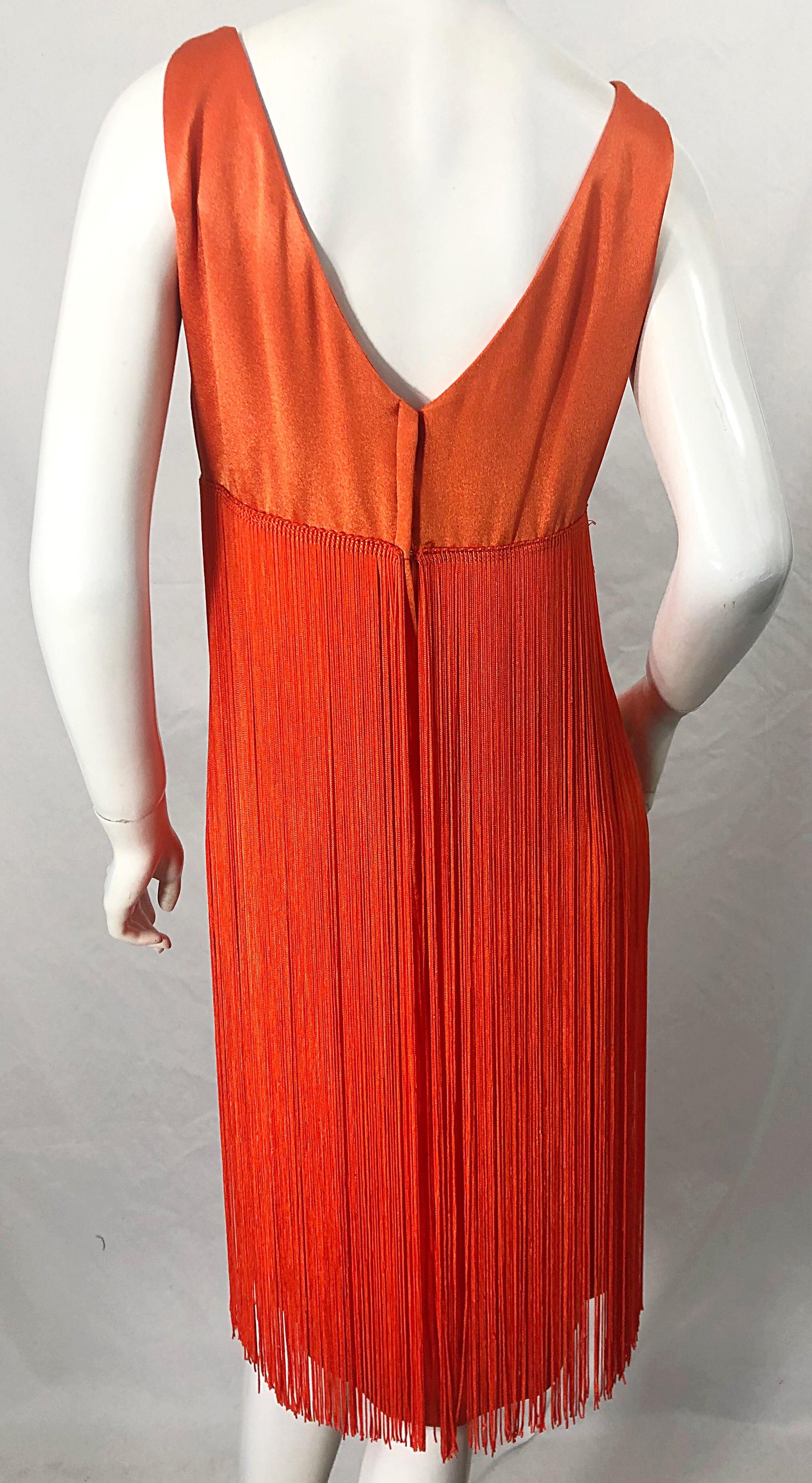 1960s Joseph Magnin Neon Orange Fully Fringed Vintage 60s Flapper Dress For Sale 2