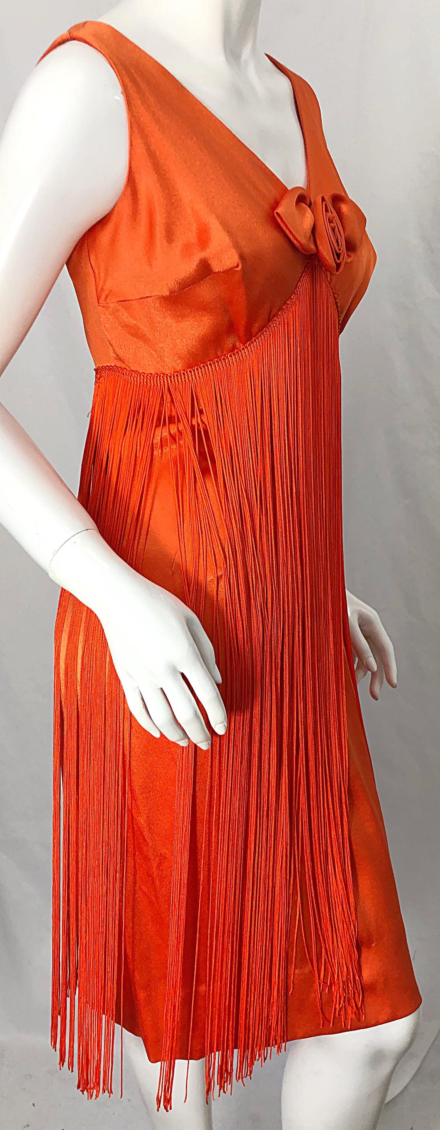 1960s Joseph Magnin Neon Orange Fully Fringed Vintage 60s Flapper Dress For Sale 3