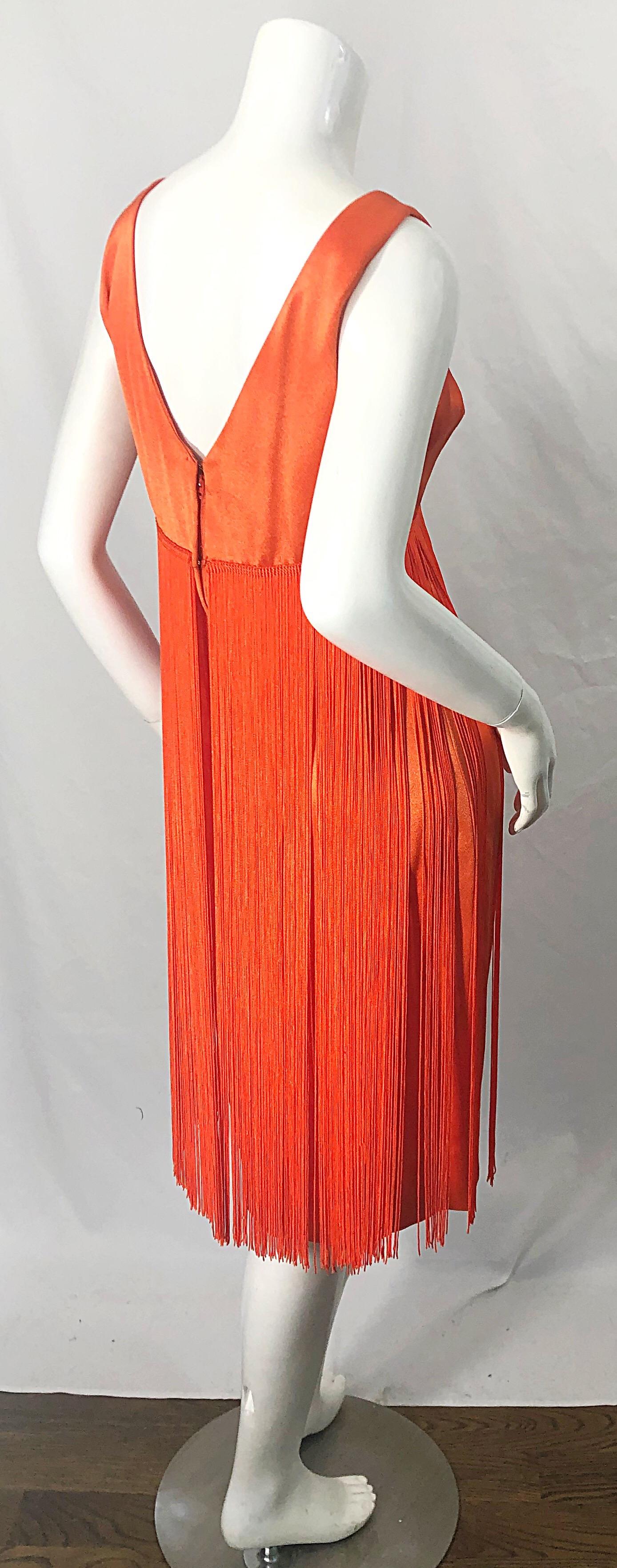 1960s Joseph Magnin Neon Orange Fully Fringed Vintage 60s Flapper Dress For Sale 4