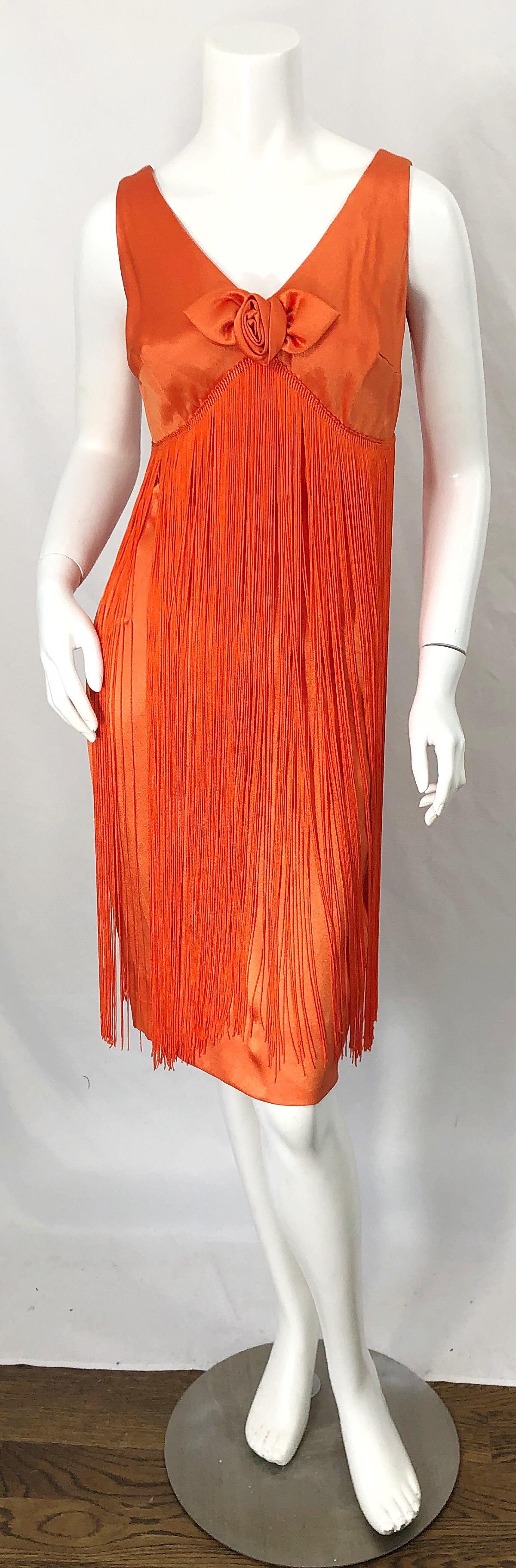 1960s Joseph Magnin Neon Orange Fully Fringed Vintage 60s Flapper Dress For Sale 5