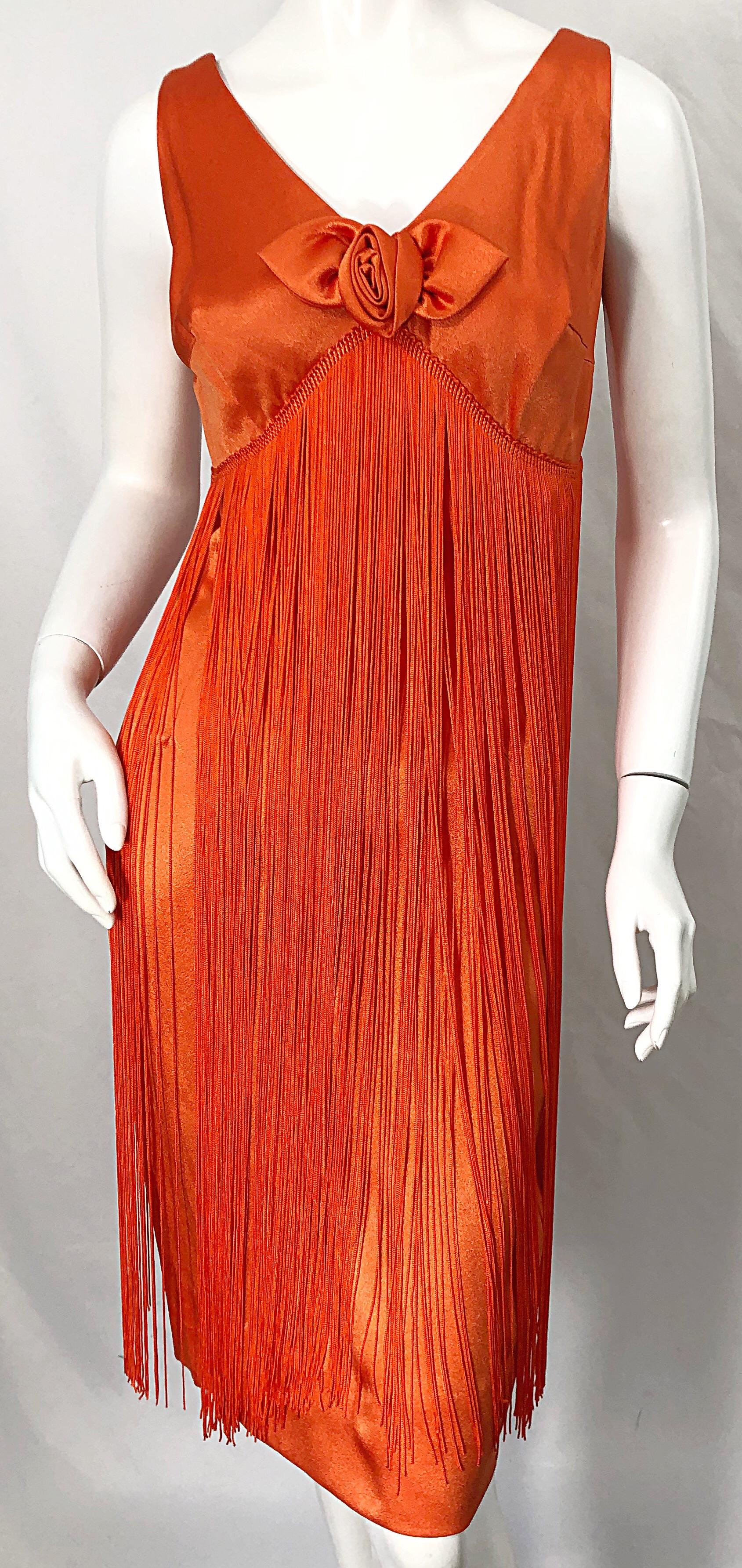 1960s Joseph Magnin Neon Orange Fully Fringed Vintage 60s Flapper Dress In Excellent Condition For Sale In San Diego, CA