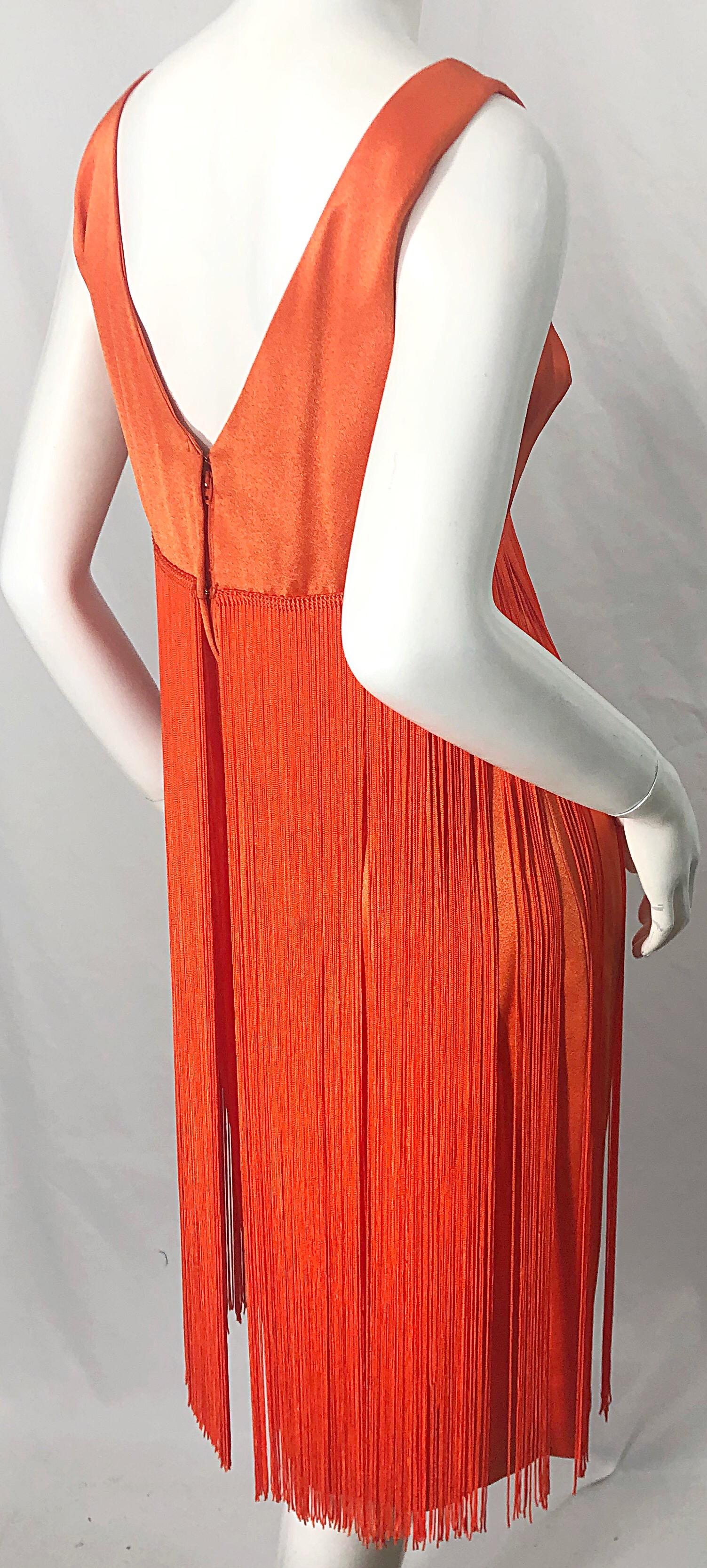 Women's 1960s Joseph Magnin Neon Orange Fully Fringed Vintage 60s Flapper Dress For Sale