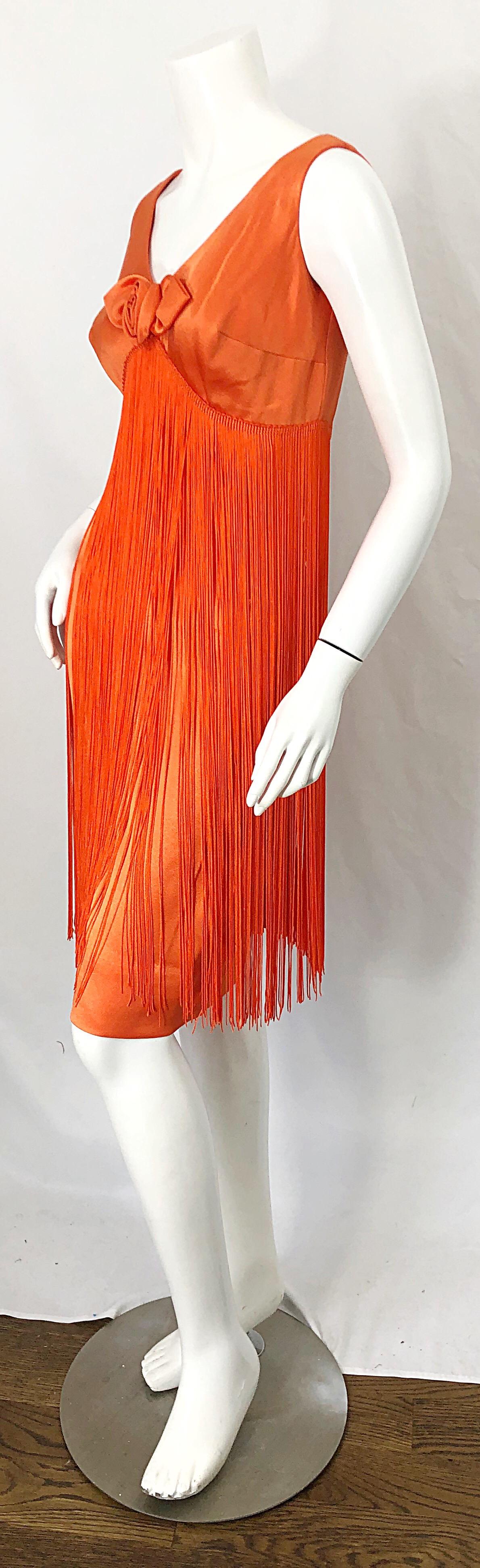 1960s Joseph Magnin Neon Orange Fully Fringed Vintage 60s Flapper Dress For Sale 1