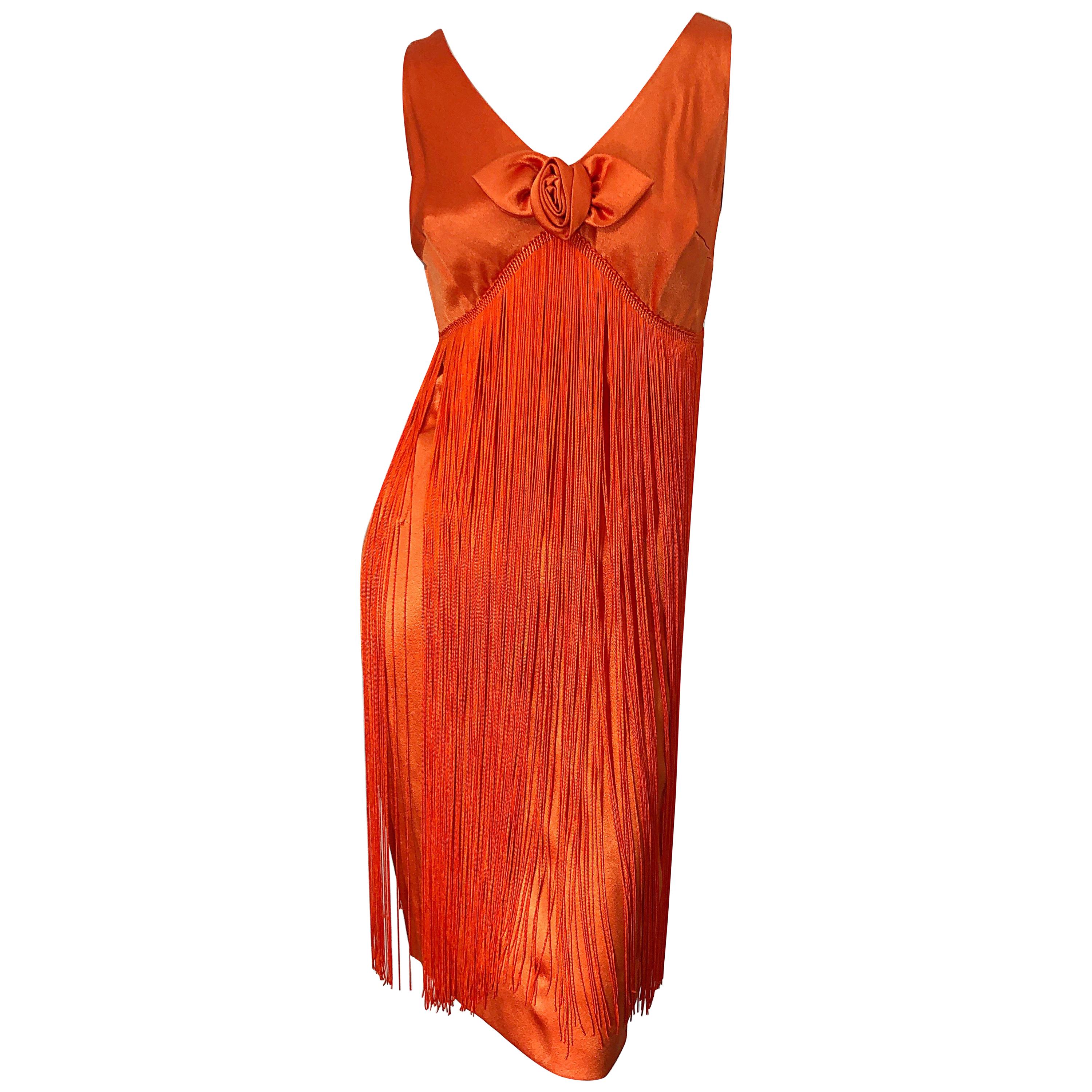 1960s Joseph Magnin Neon Orange Fully Fringed Vintage 60s Flapper Dress