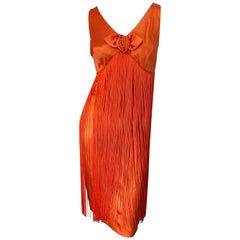 Joseph Magnin - Robe de soirée vintage orange fluo entièrement à franges, années 1960