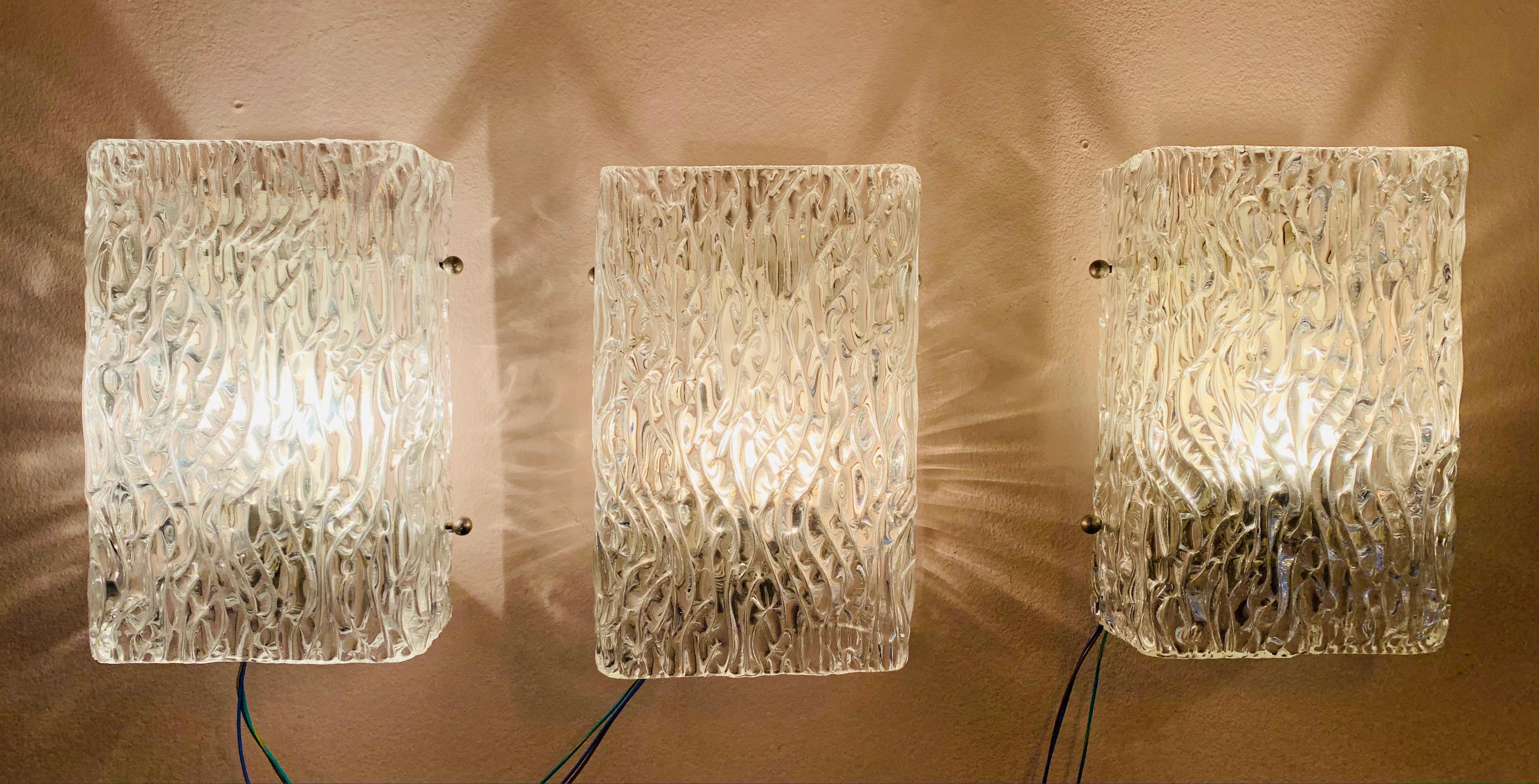 Mid-Century Modern 1960s J.T. Kalmar Sculpted Waved Glass Wall Lights Sconces for Kalmar Lighting