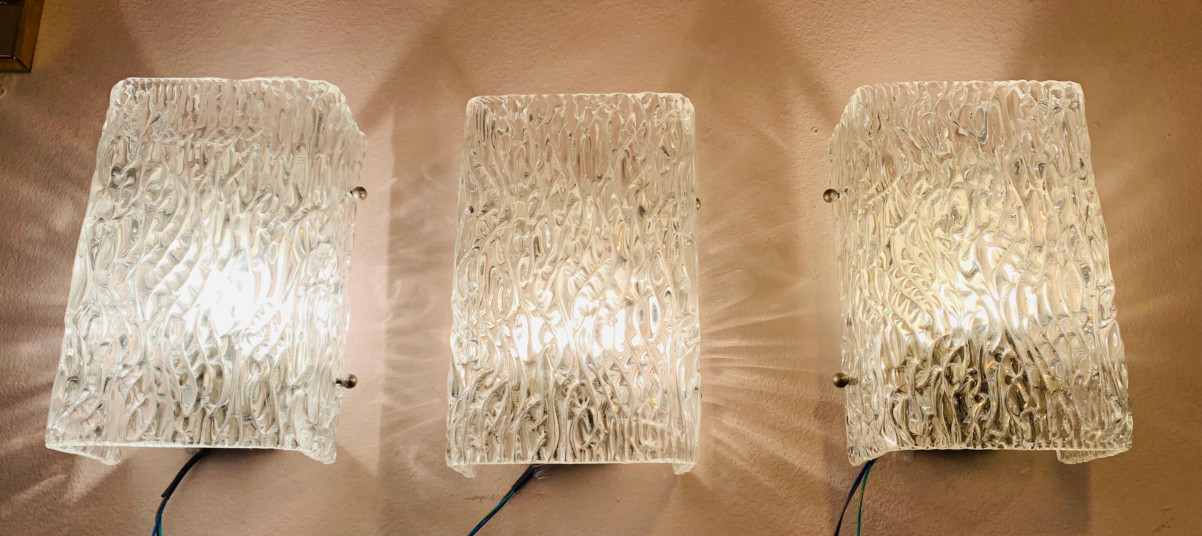 German 1960s J.T. Kalmar Sculpted Waved Glass Wall Lights Sconces for Kalmar Lighting