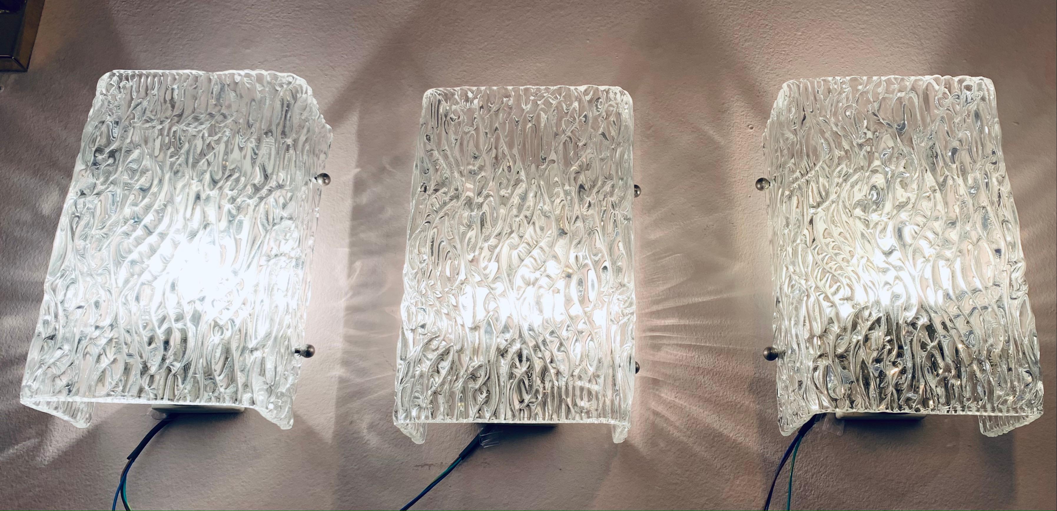 Metal 1960s J.T. Kalmar Sculpted Waved Glass Wall Lights Sconces for Kalmar Lighting