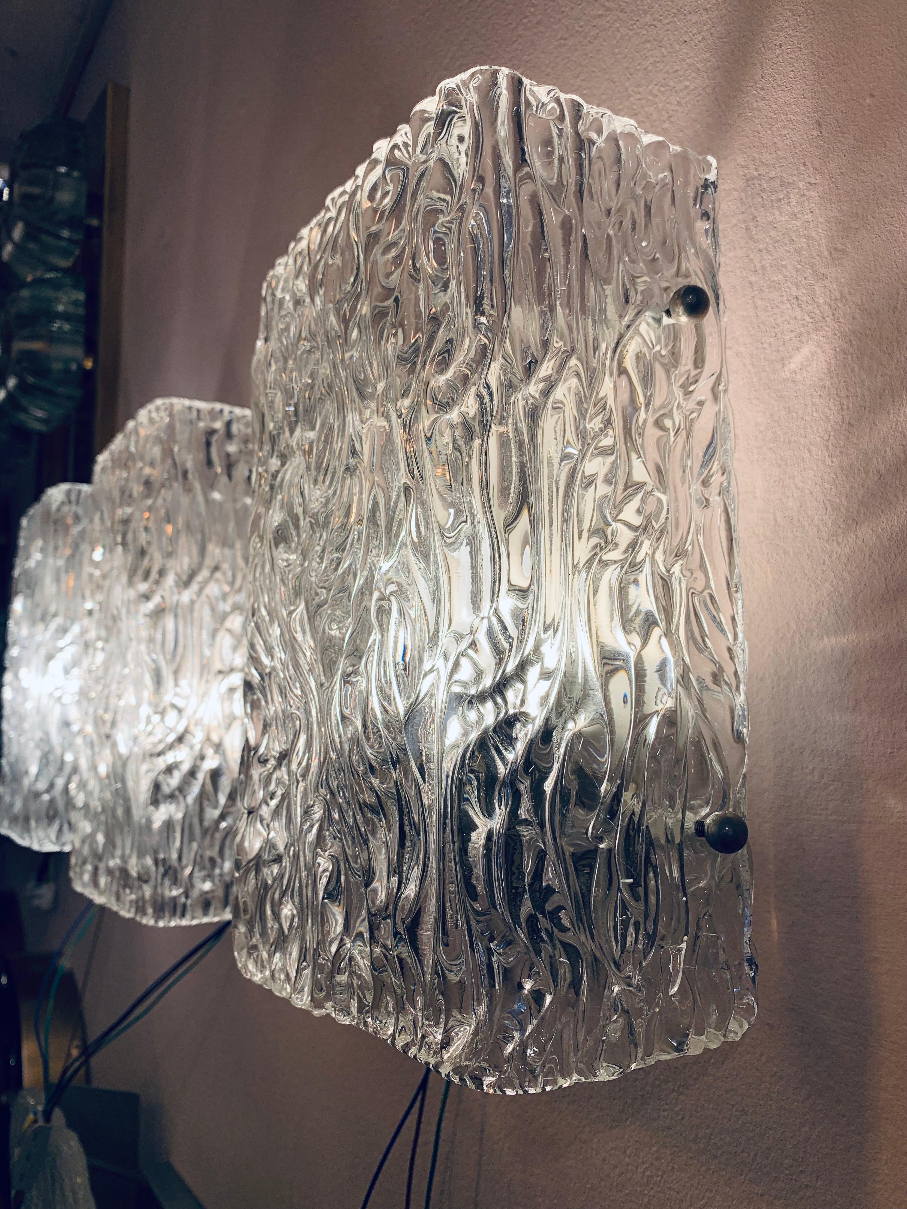 1960s J.T. Kalmar Sculpted Waved Glass Wall Lights Sconces for Kalmar Lighting 1