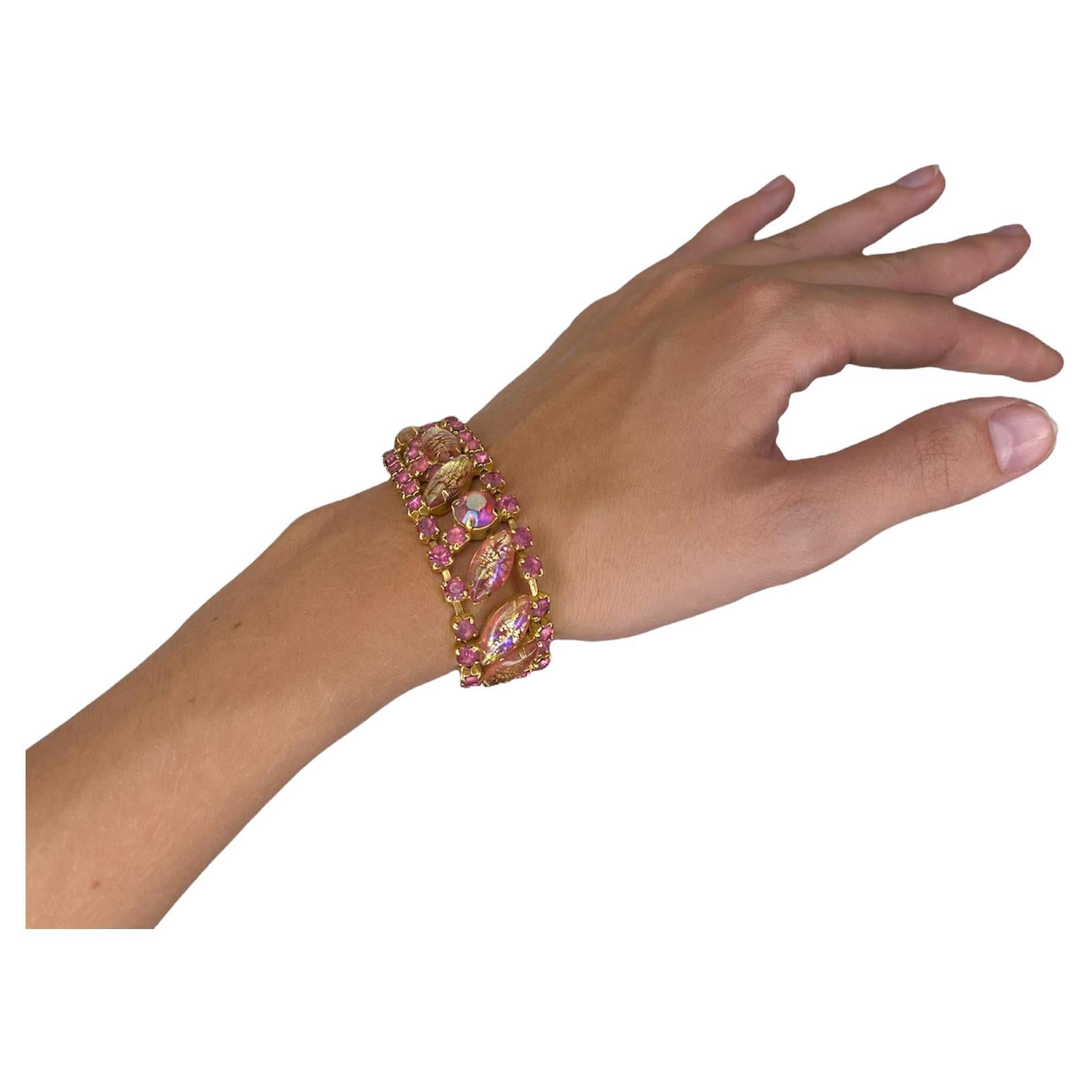1960S JULIANA Bubble Gum Pink & Gold Gemstone Studded Bracelet For Sale