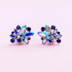1960s Juliana-Style Blue AB Crystal Cluster Climber Cocktail Earrings By Vendome