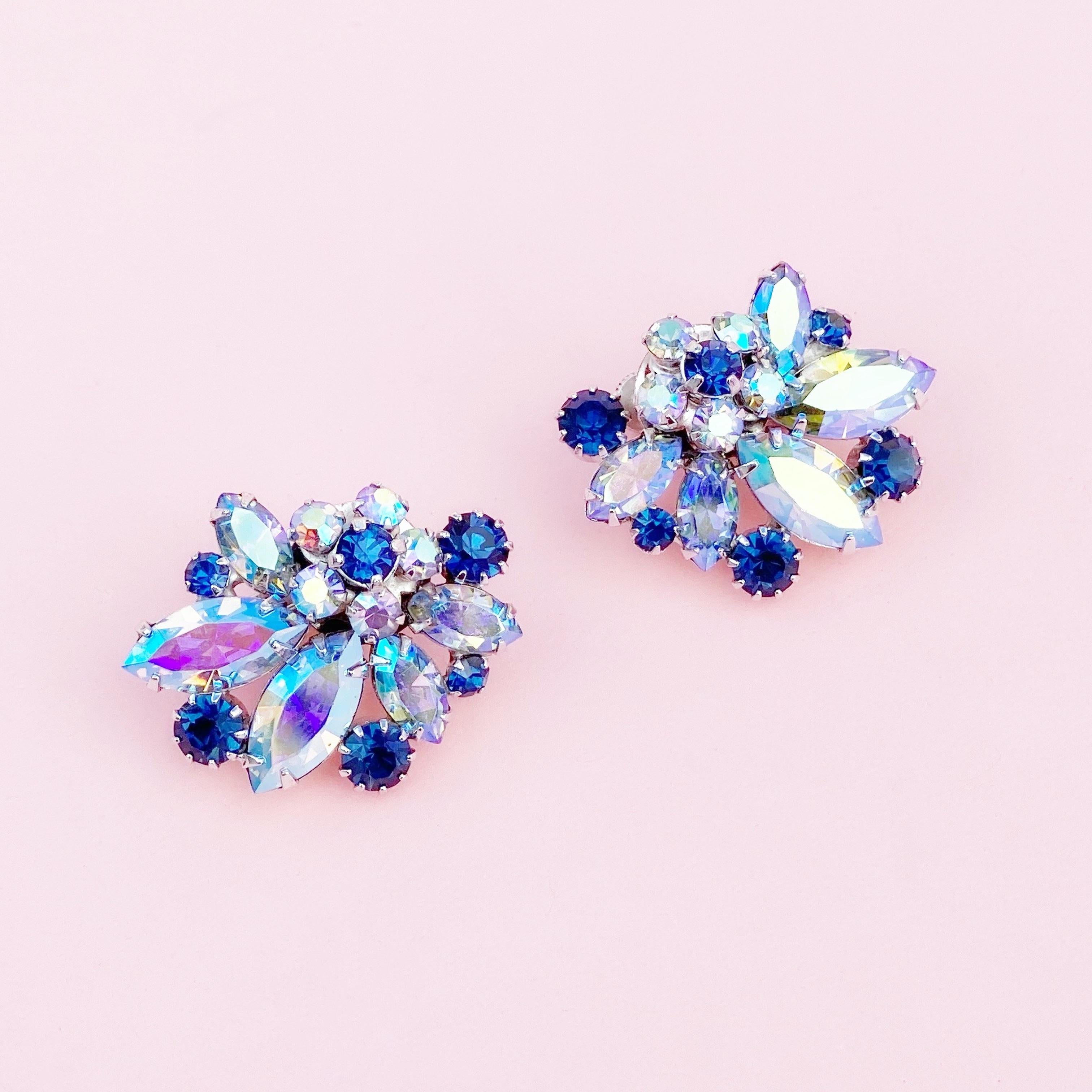Modern 1960s Juliana-Style Blue AB Crystal Cluster Climber Cocktail Earrings By Vendome