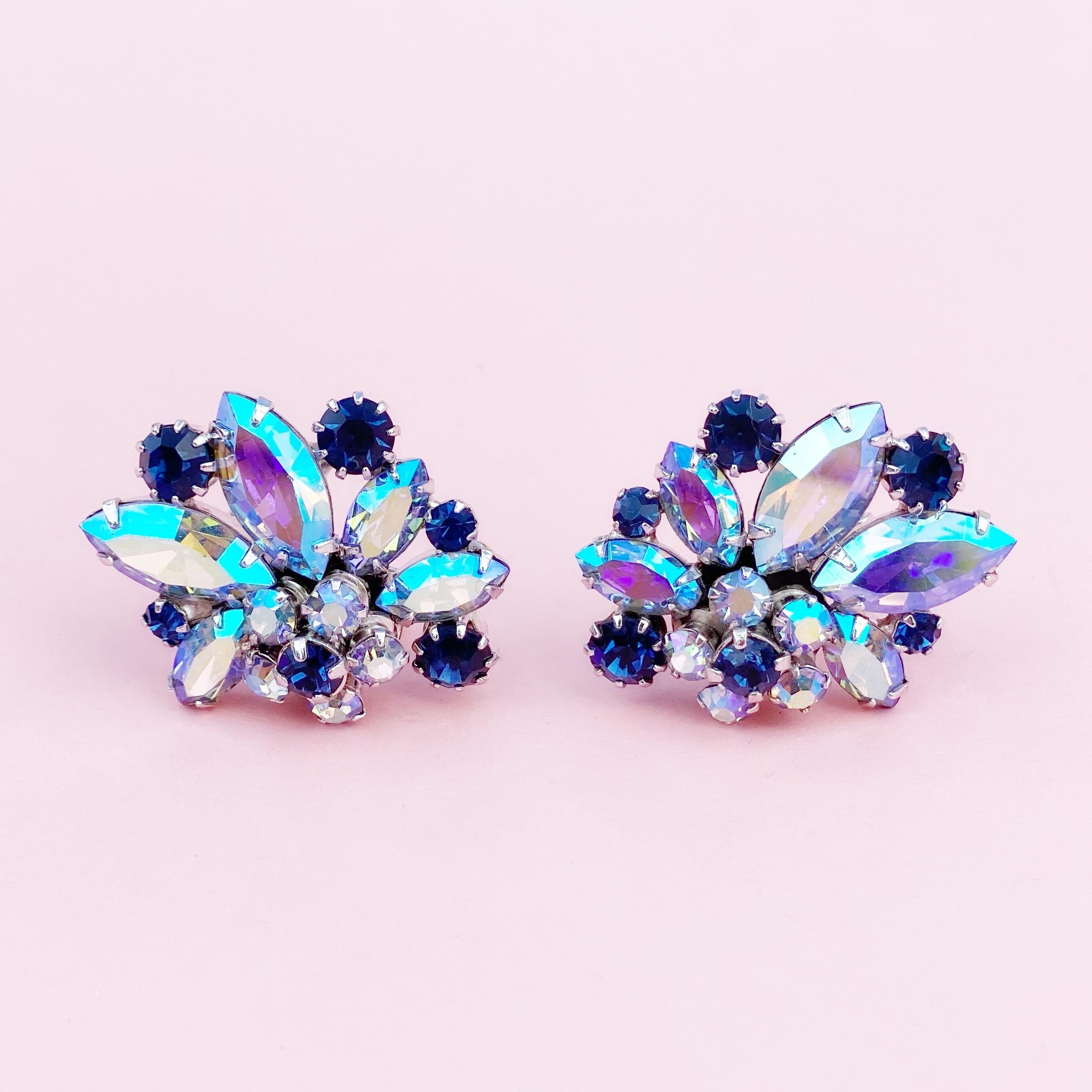 Women's 1960s Juliana-Style Blue AB Crystal Cluster Climber Cocktail Earrings By Vendome