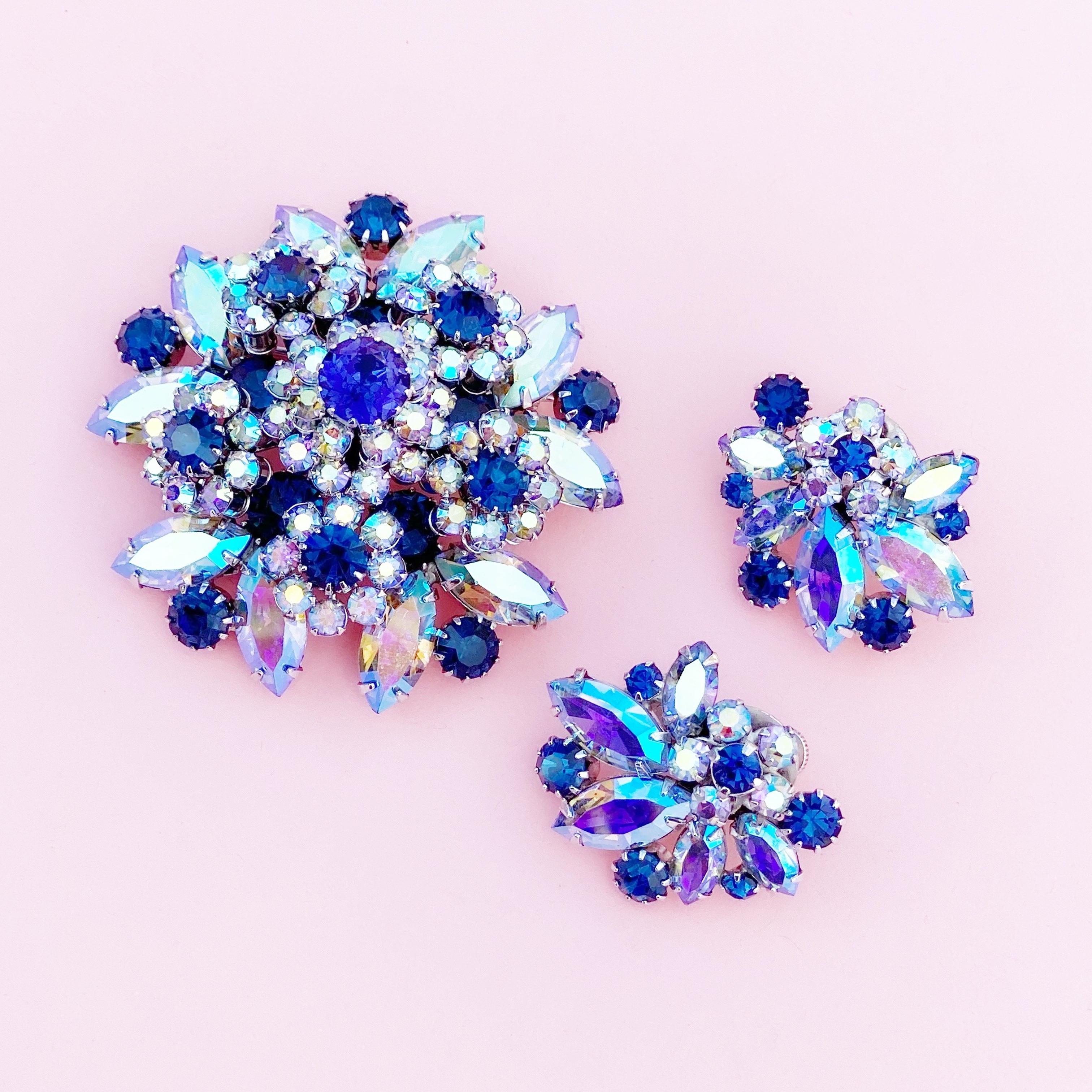 1960s Juliana-Style Blue AB Crystal Cluster Climber Cocktail Earrings By Vendome 4