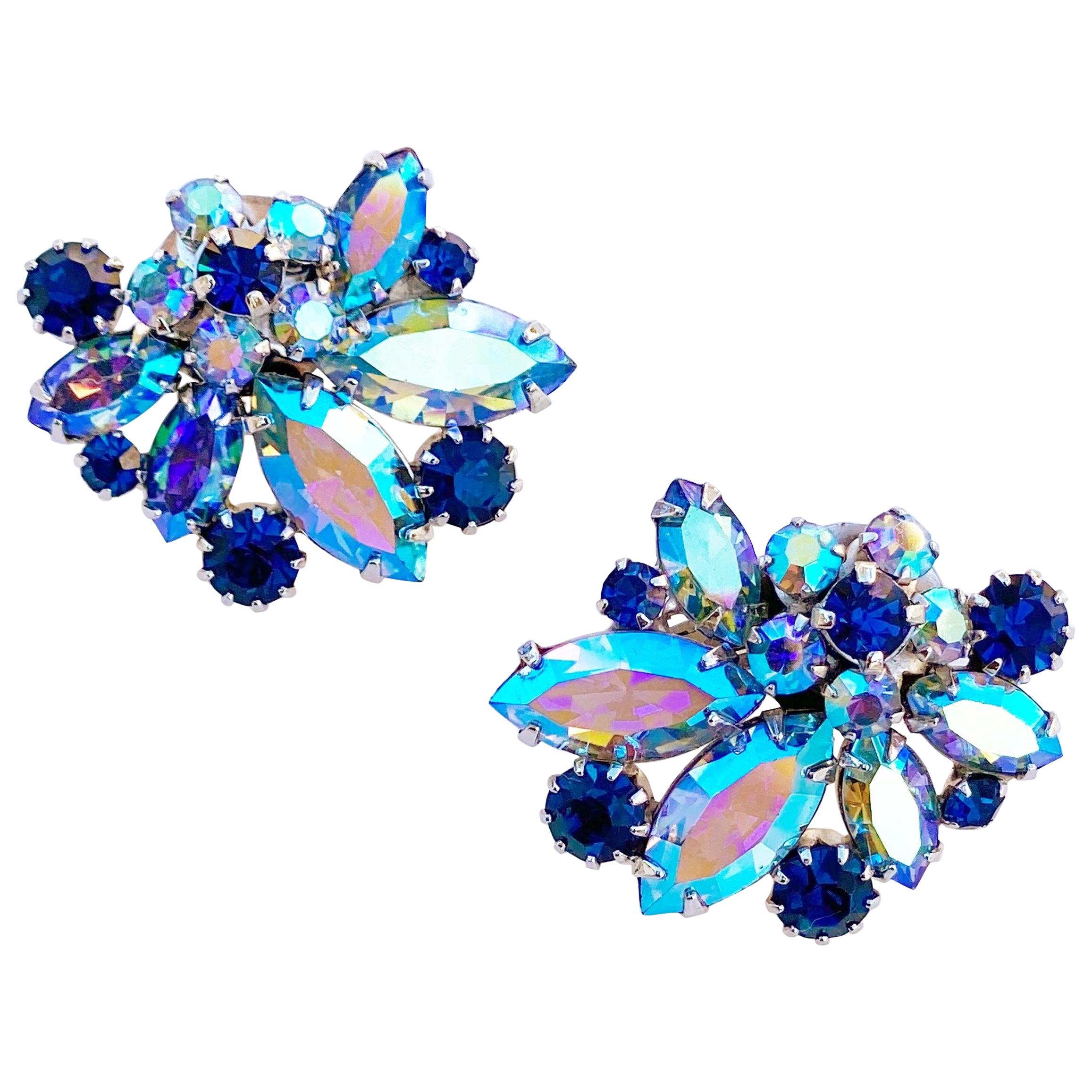1960s Juliana-Style Blue AB Crystal Cluster Climber Cocktail Earrings By Vendome