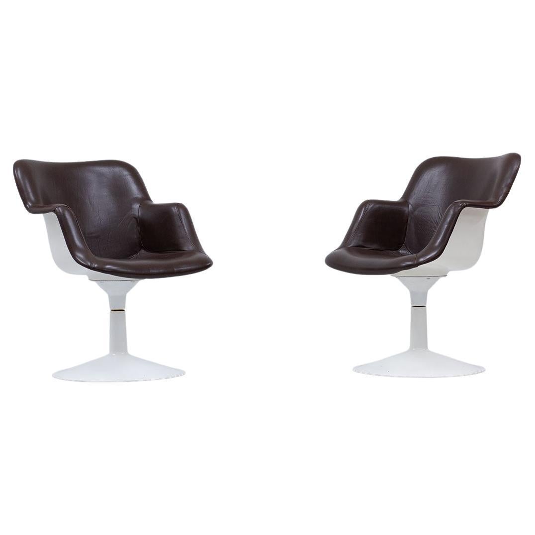 1960s "Junior" Armchairs Dark Brown Leather and White by Yrjö Kukkapuro