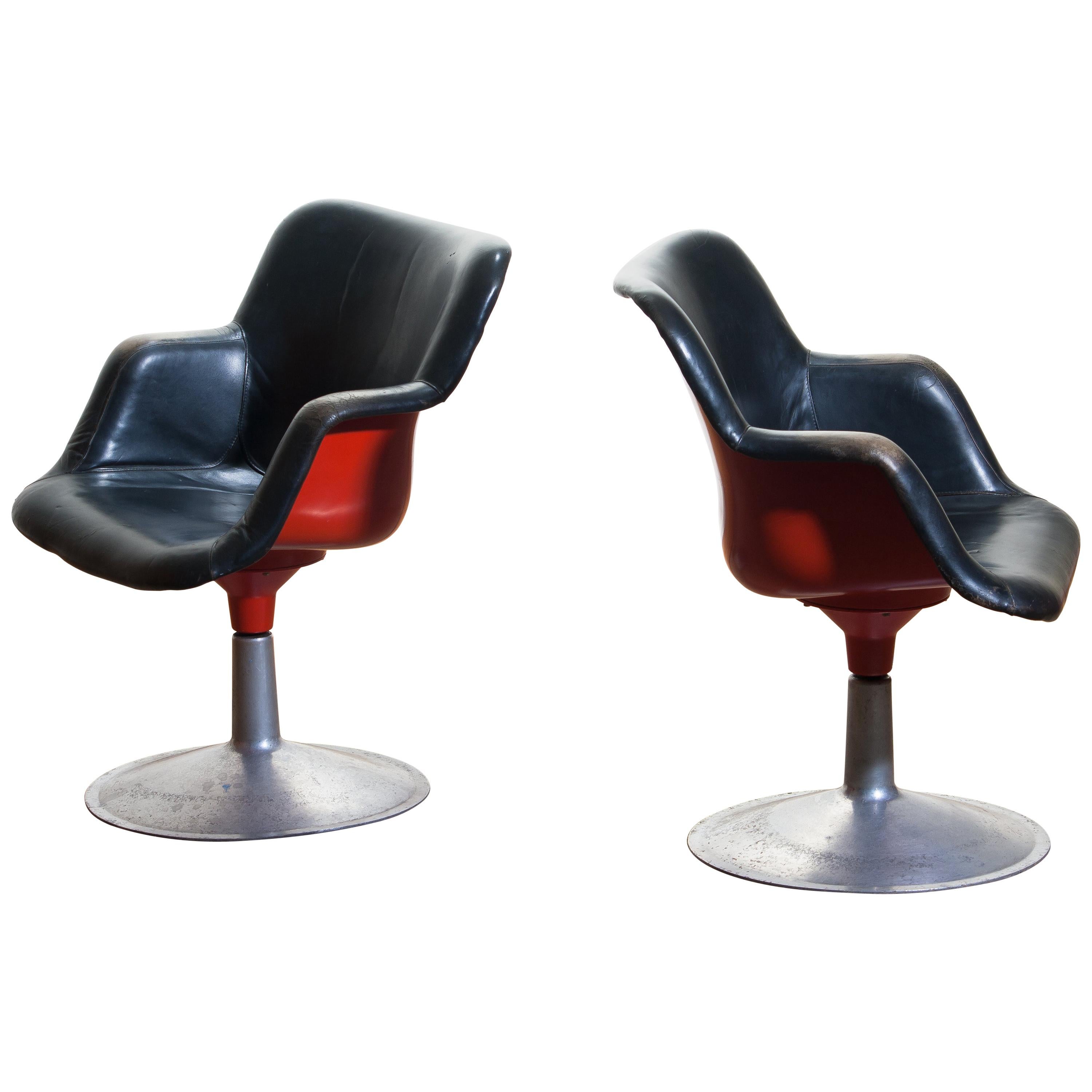 1960s "Junior" Swivel Chairs in Metal or Black Leather or Red by Yrjö Kukkapuro