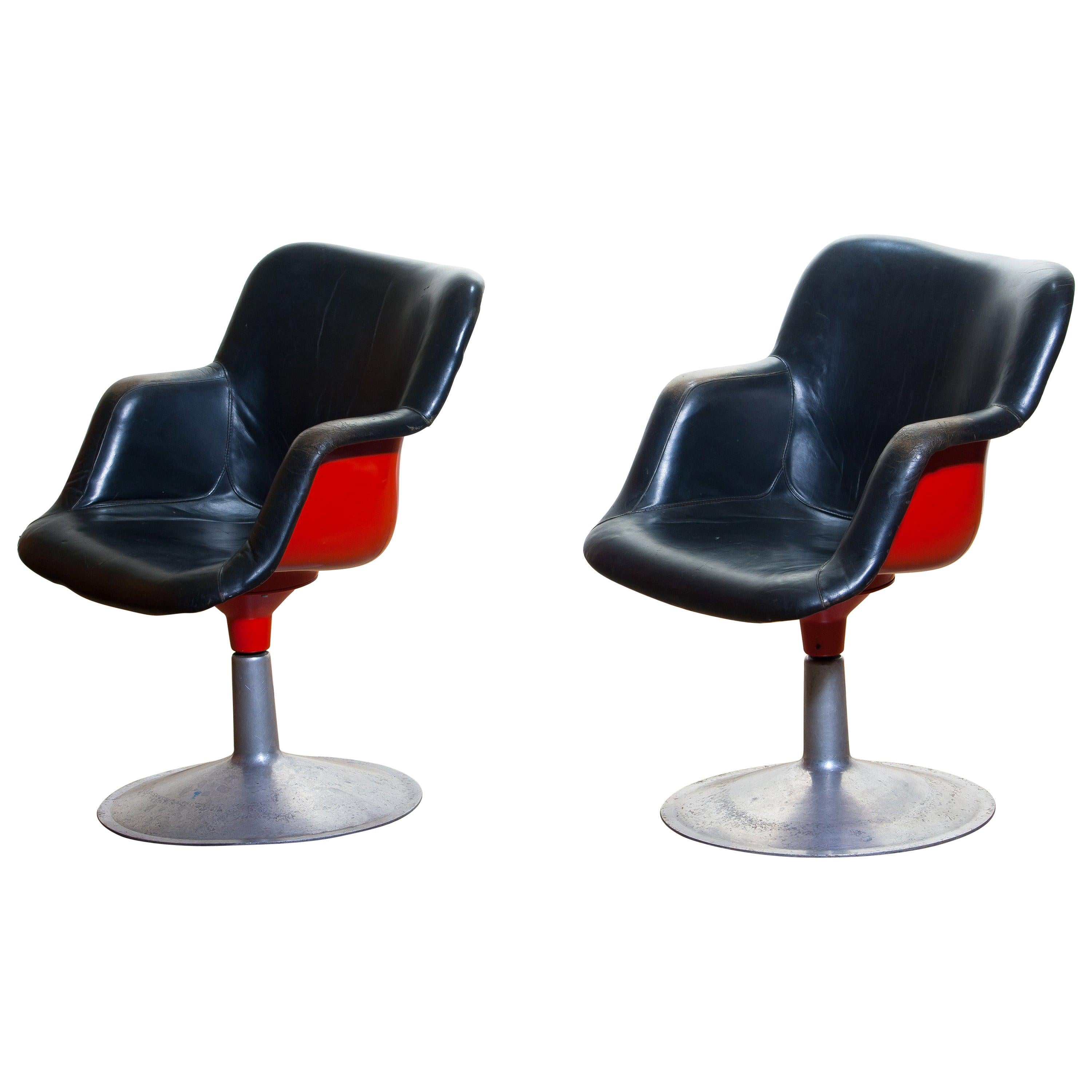 1960s "Junior" Swivel Chairs in Metal or Black Leather or Red by Yrjö Kukkapuro