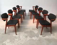 Kai Kristiansen Six Fully Restored Model 42 Teak Dining Chairs in Black Leather