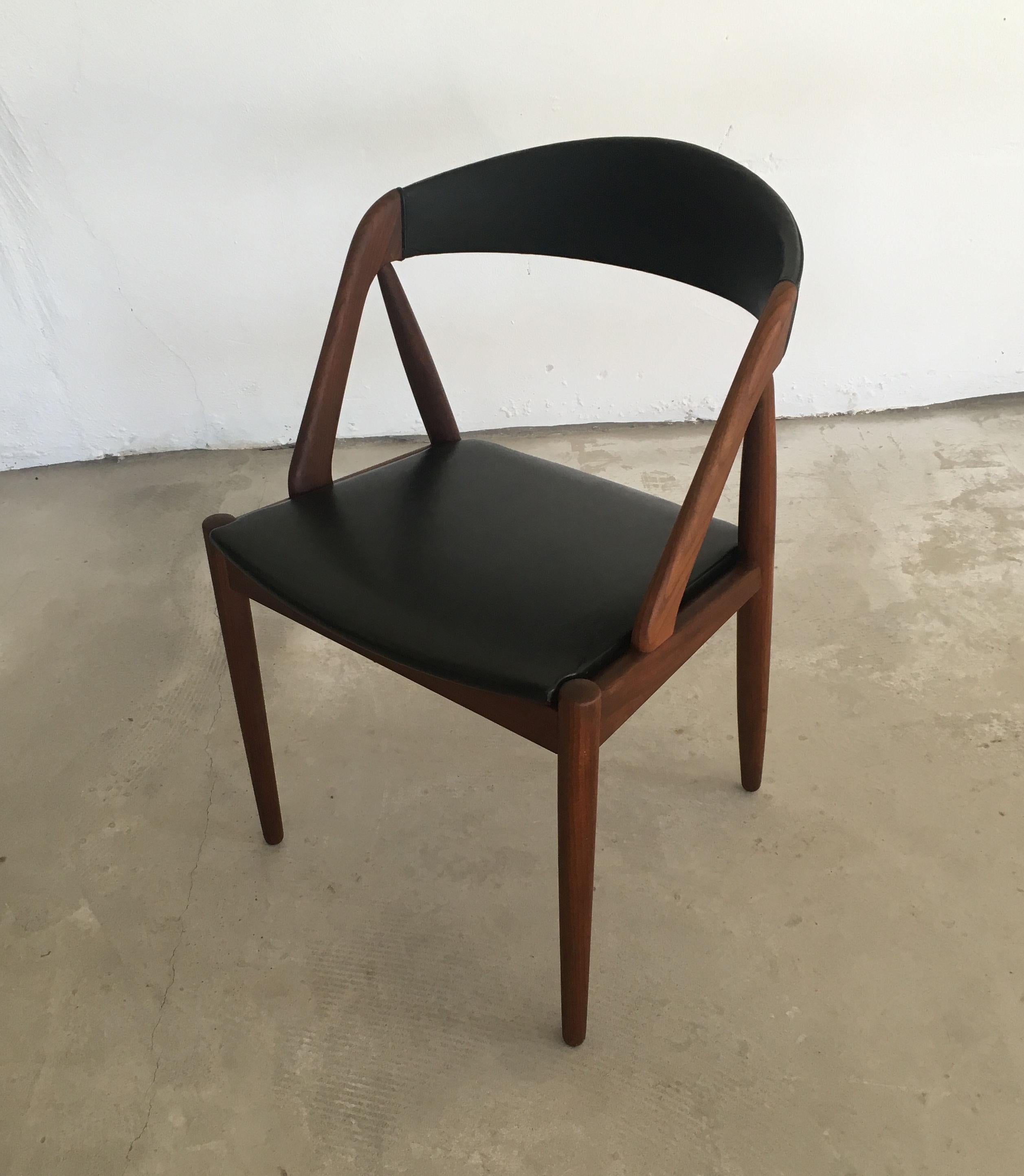 Scandinavian Modern 1960s Kai Kristiansen Refinished Dining chairs in Teak and Black Leatherette
