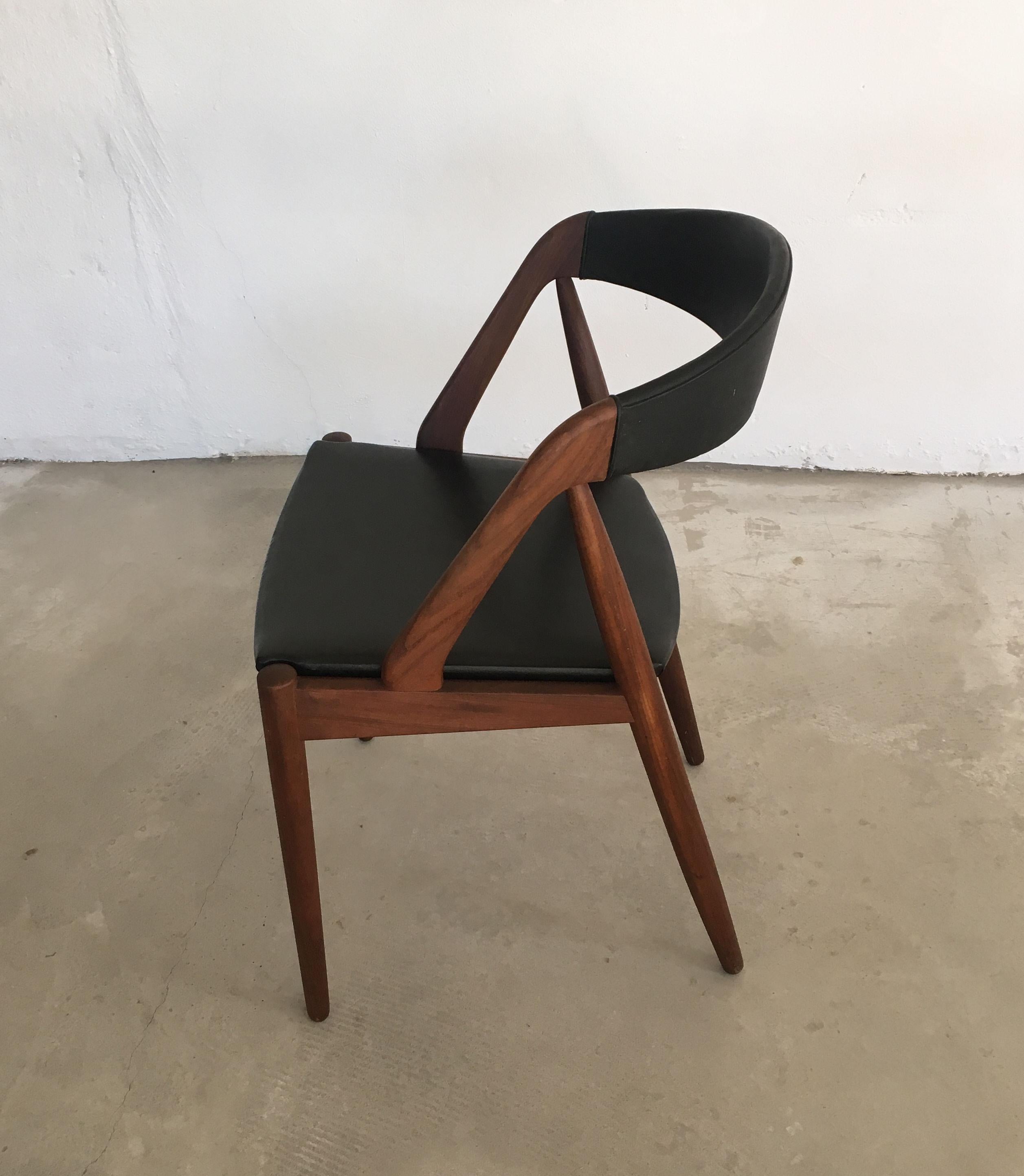 Danish 1960s Kai Kristiansen Refinished Dining chairs in Teak and Black Leatherette
