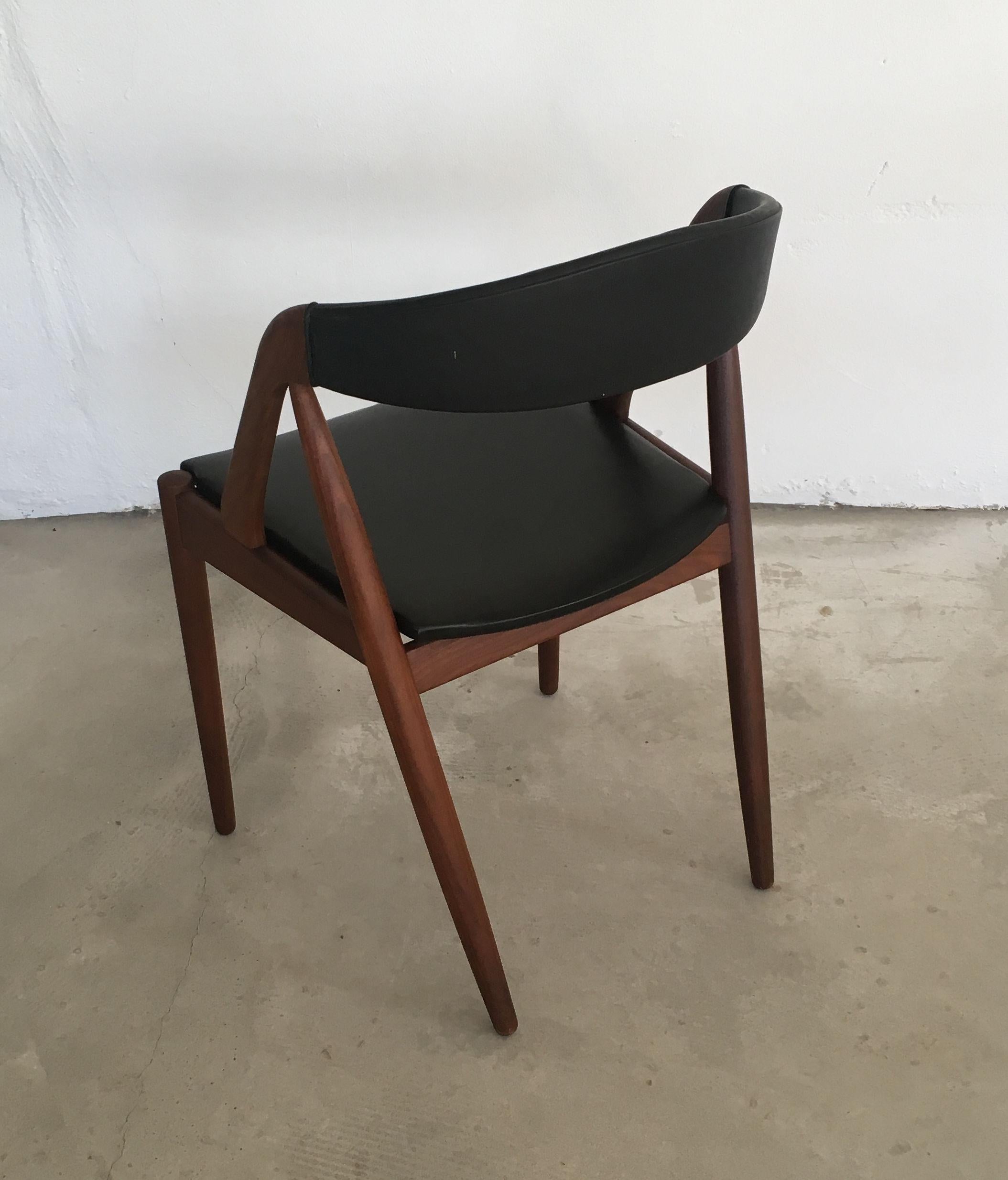 Woodwork 1960s Kai Kristiansen Refinished Dining chairs in Teak and Black Leatherette