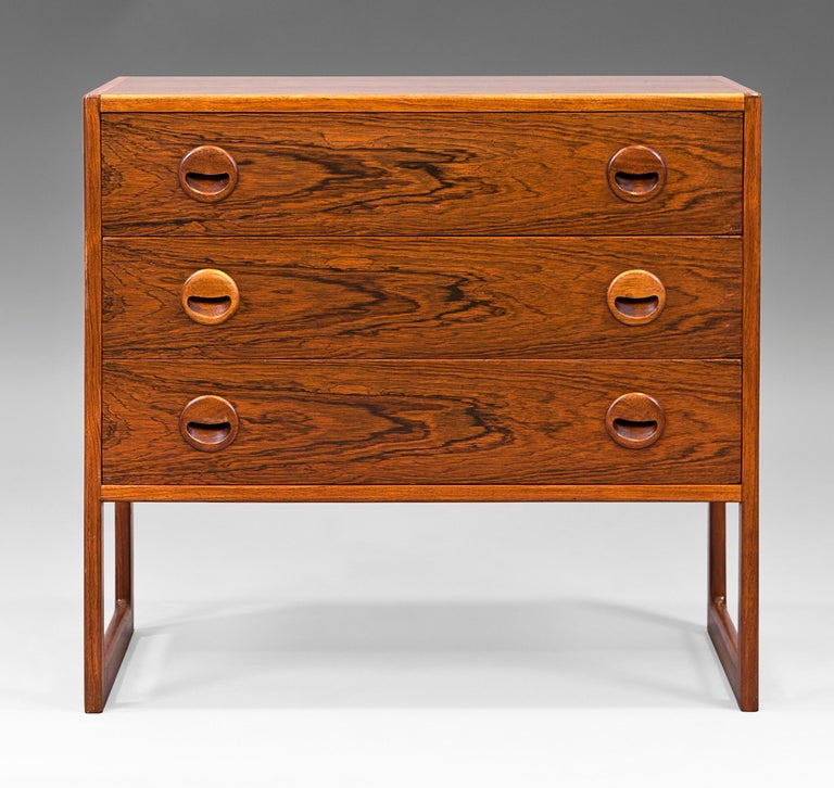 Small three drawer chest of drawers in rosewood by Kai Kristiansen. Denmark 60s. In perfect original condition.