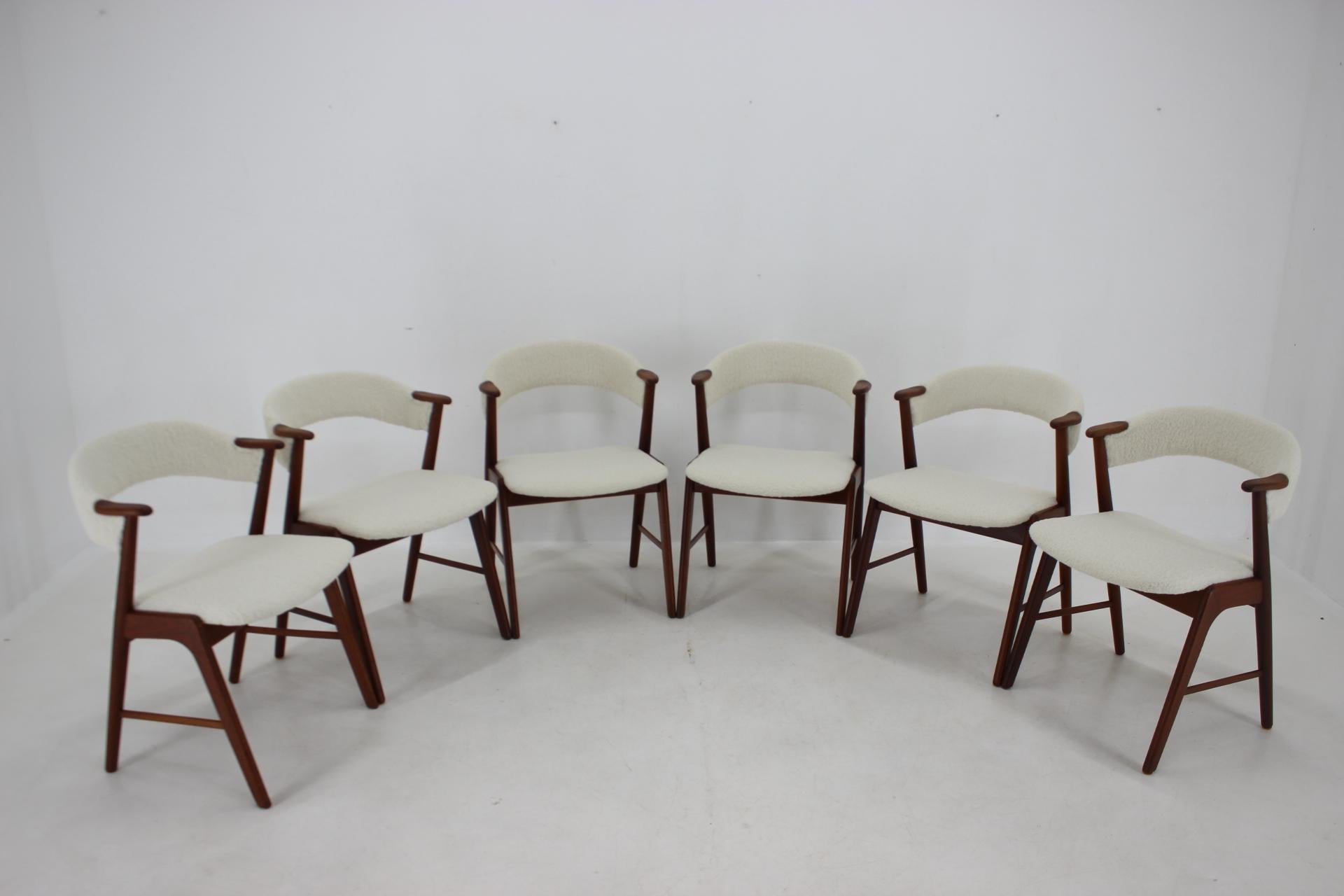 Mid-Century Modern Kai Kristiansen ensemble de 6 chaises de salle à manger en teck modèle 32 en tissu de peau de mouton, années 1960 en vente