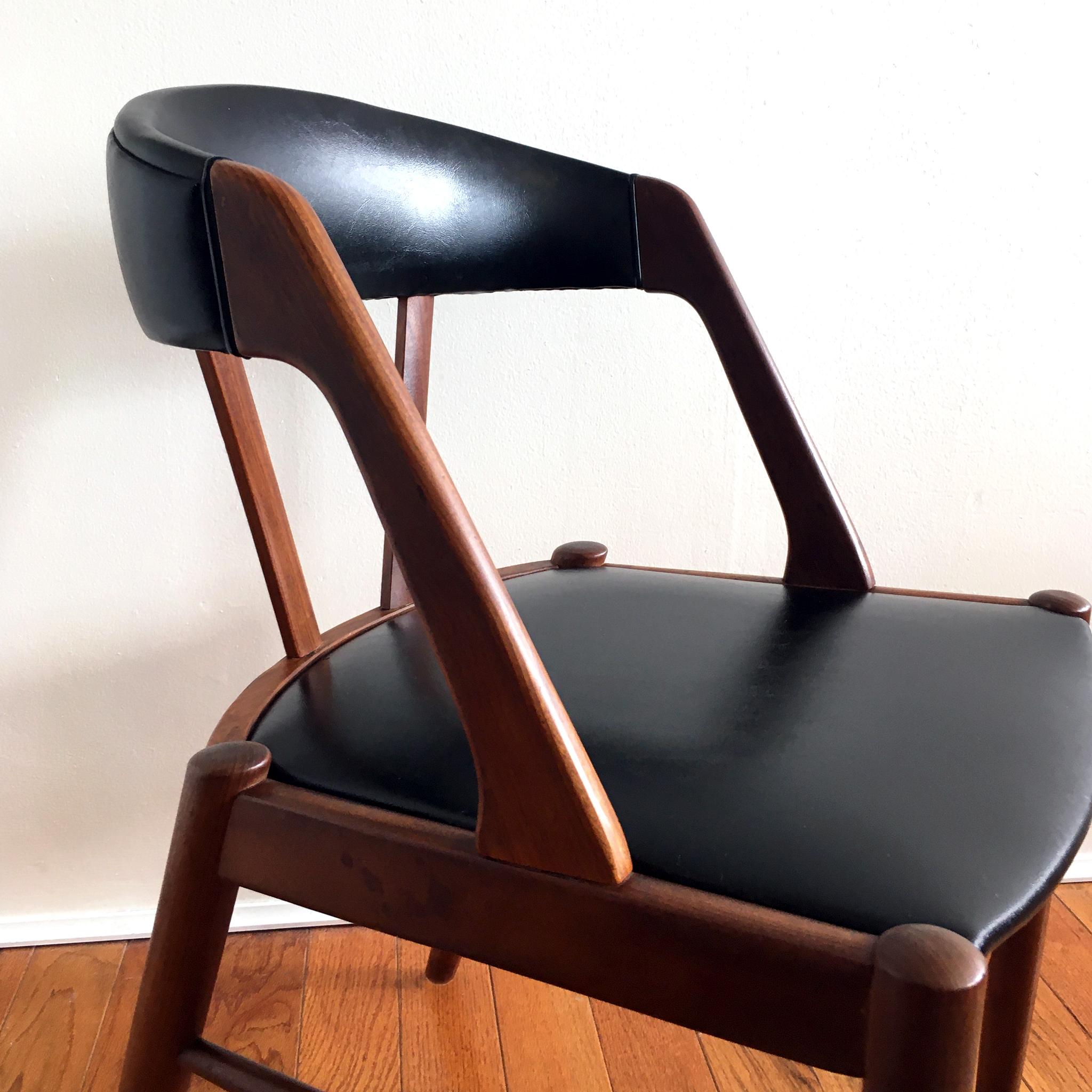Faux Leather 1960's Kai Kristiansen Style Midcentury Teak and Black Chair