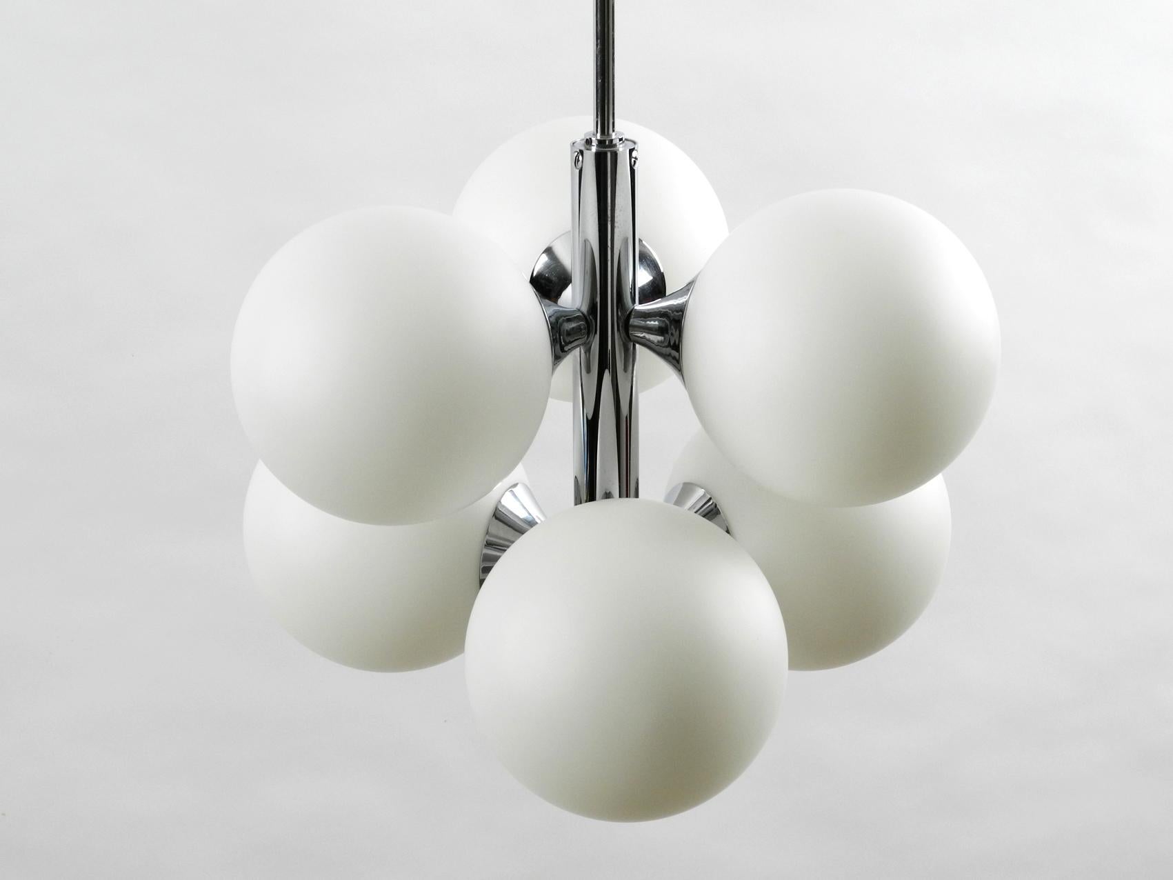 Space Age 1960s Kaiser Chrome-Plated Metal Ceiling Lamp with 6 Opal Glass Balls Sp