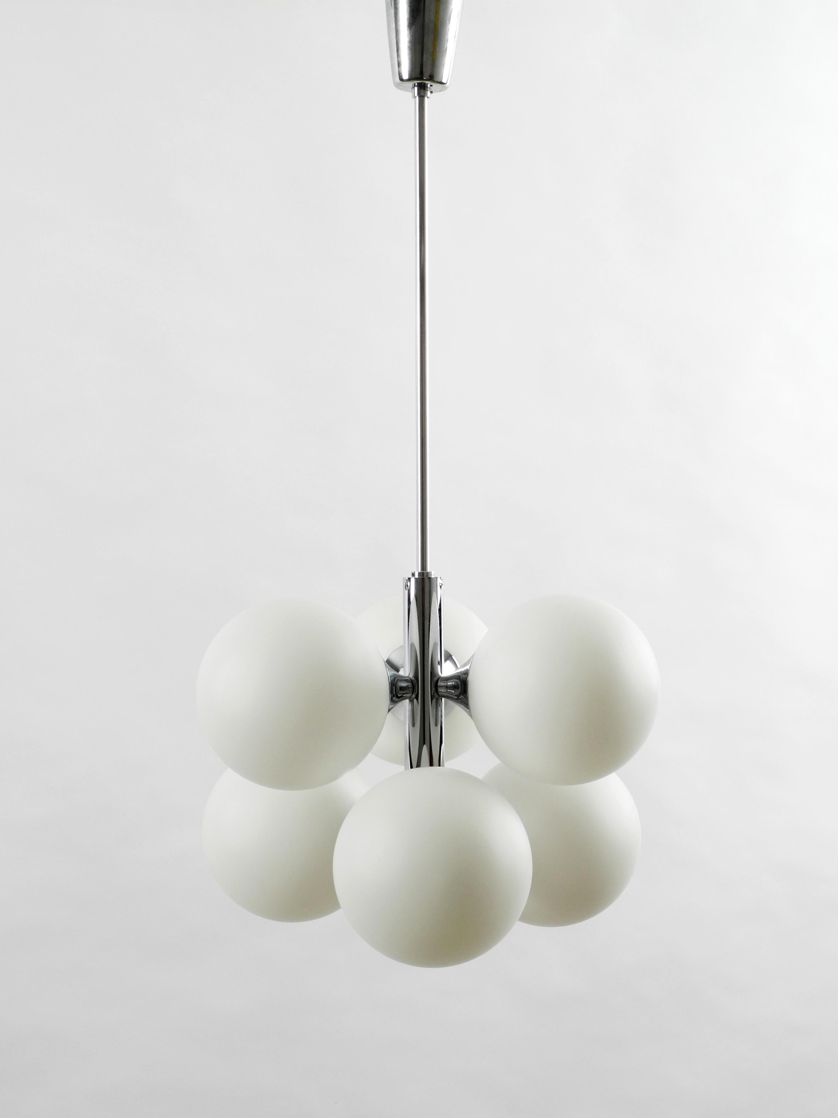 German 1960s Kaiser Chrome-Plated Metal Ceiling Lamp with 6 Opal Glass Balls Sp