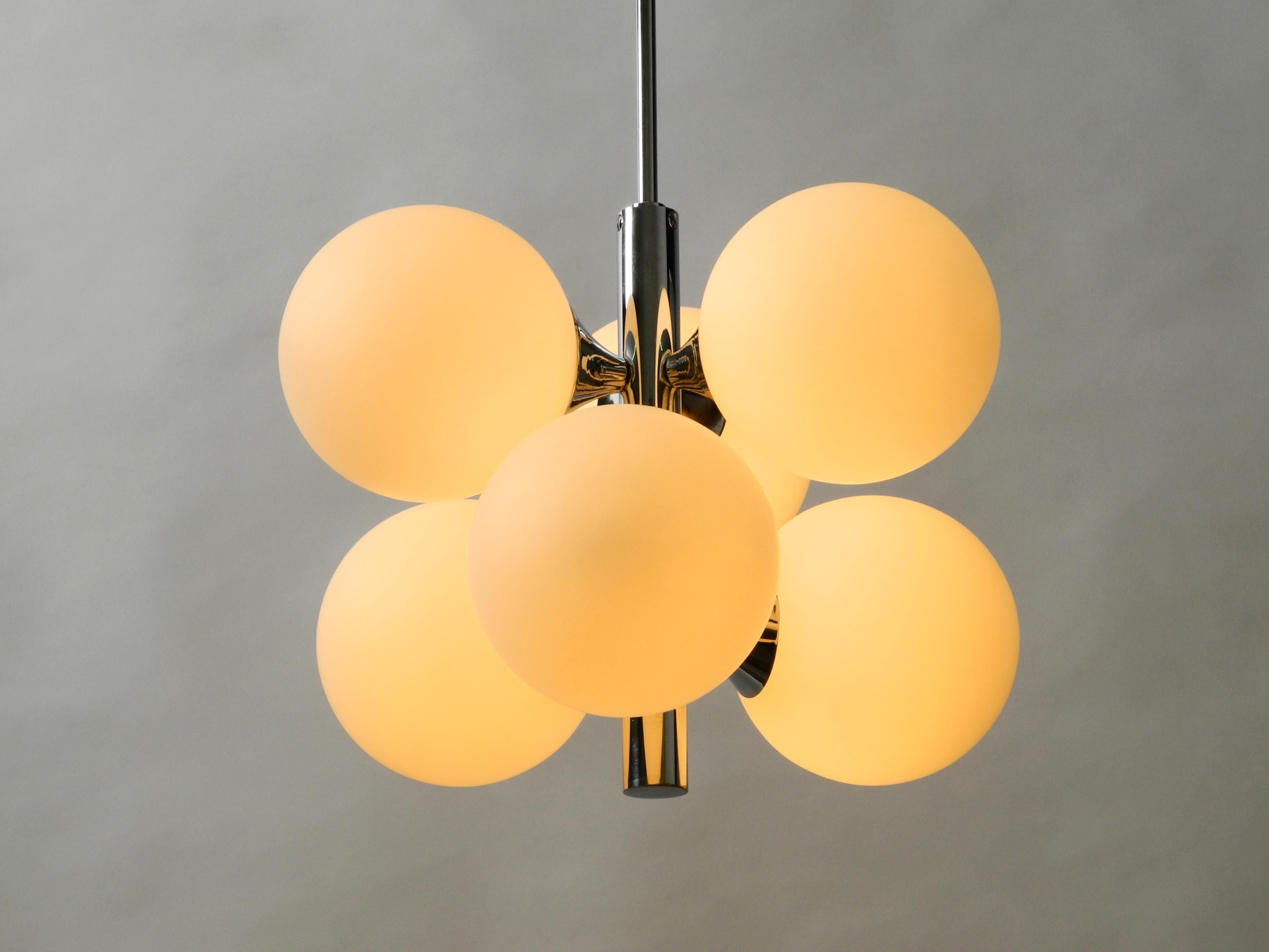 Mid-20th Century 1960s Kaiser Chrome-Plated Metal Ceiling Lamp with 6 Opal Glass Balls Sp