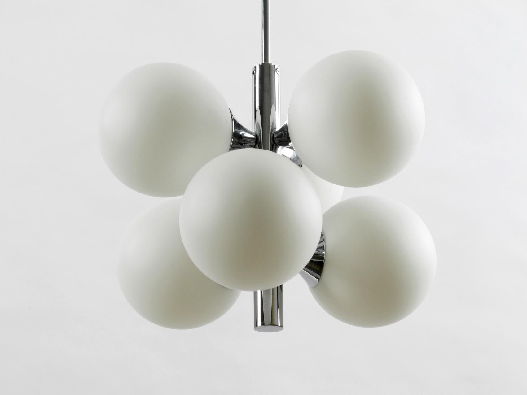 1960s Kaiser Chrome-Plated Metal Ceiling Lamp with 6 Opal Glass Balls Sp 1