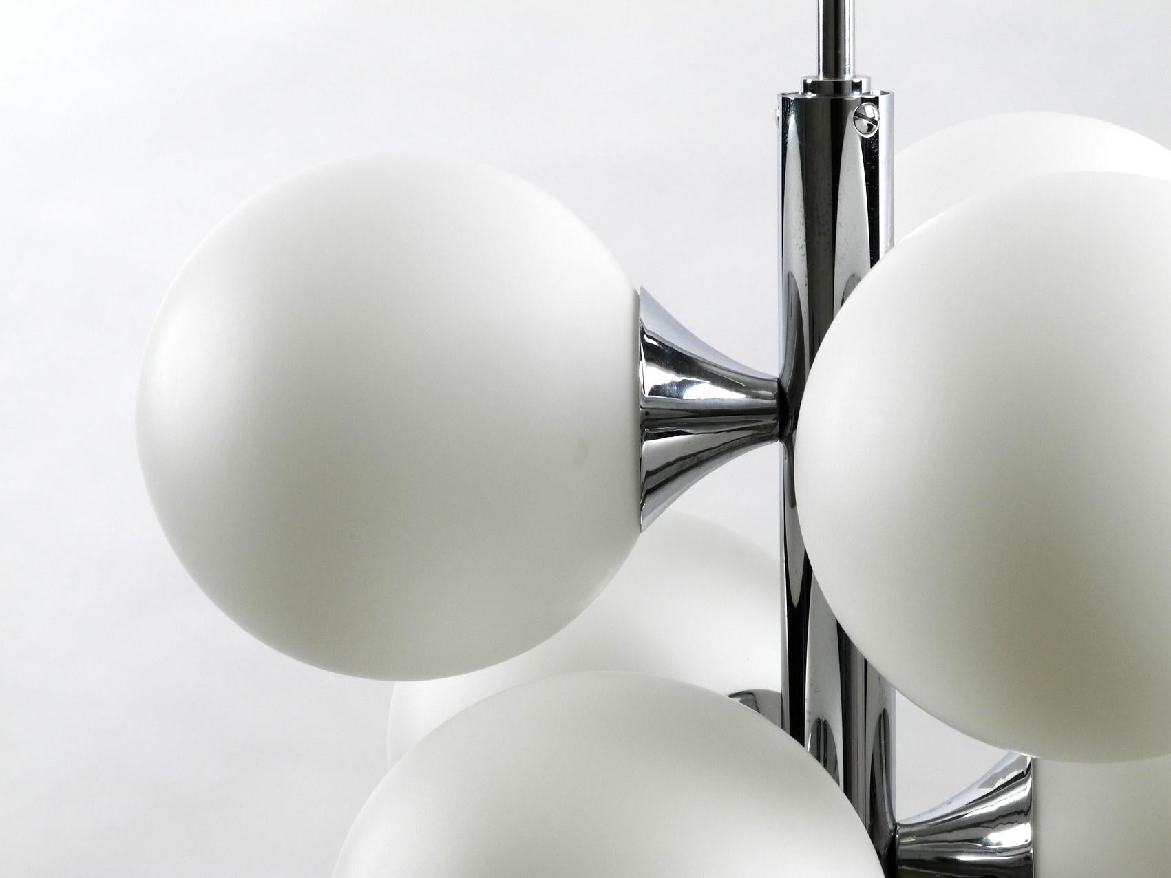 1960s Kaiser Chrome-Plated Metal Ceiling Lamp with 6 Opal Glass Balls Sp 2