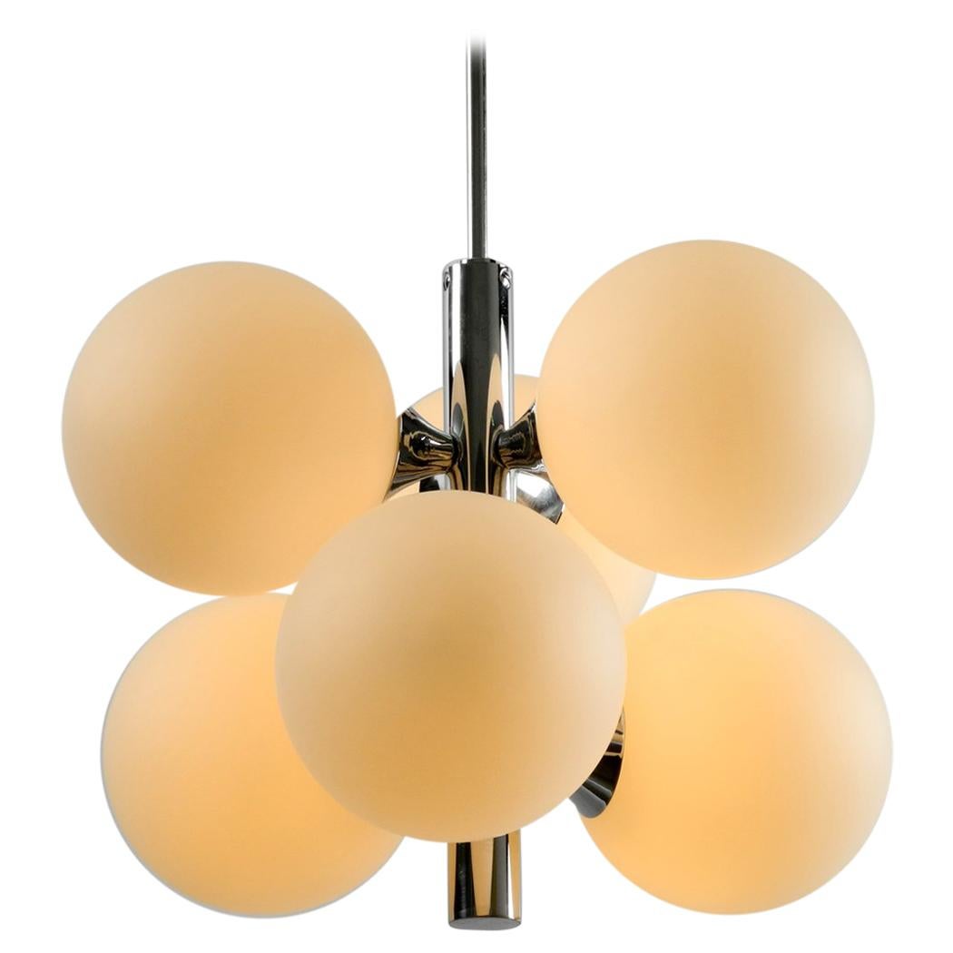 1960s Kaiser Chrome-Plated Metal Ceiling Lamp with 6 Opal Glass Balls Sp