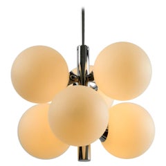 1960s Kaiser Chrome-Plated Metal Ceiling Lamp with 6 Opal Glass Balls Sp