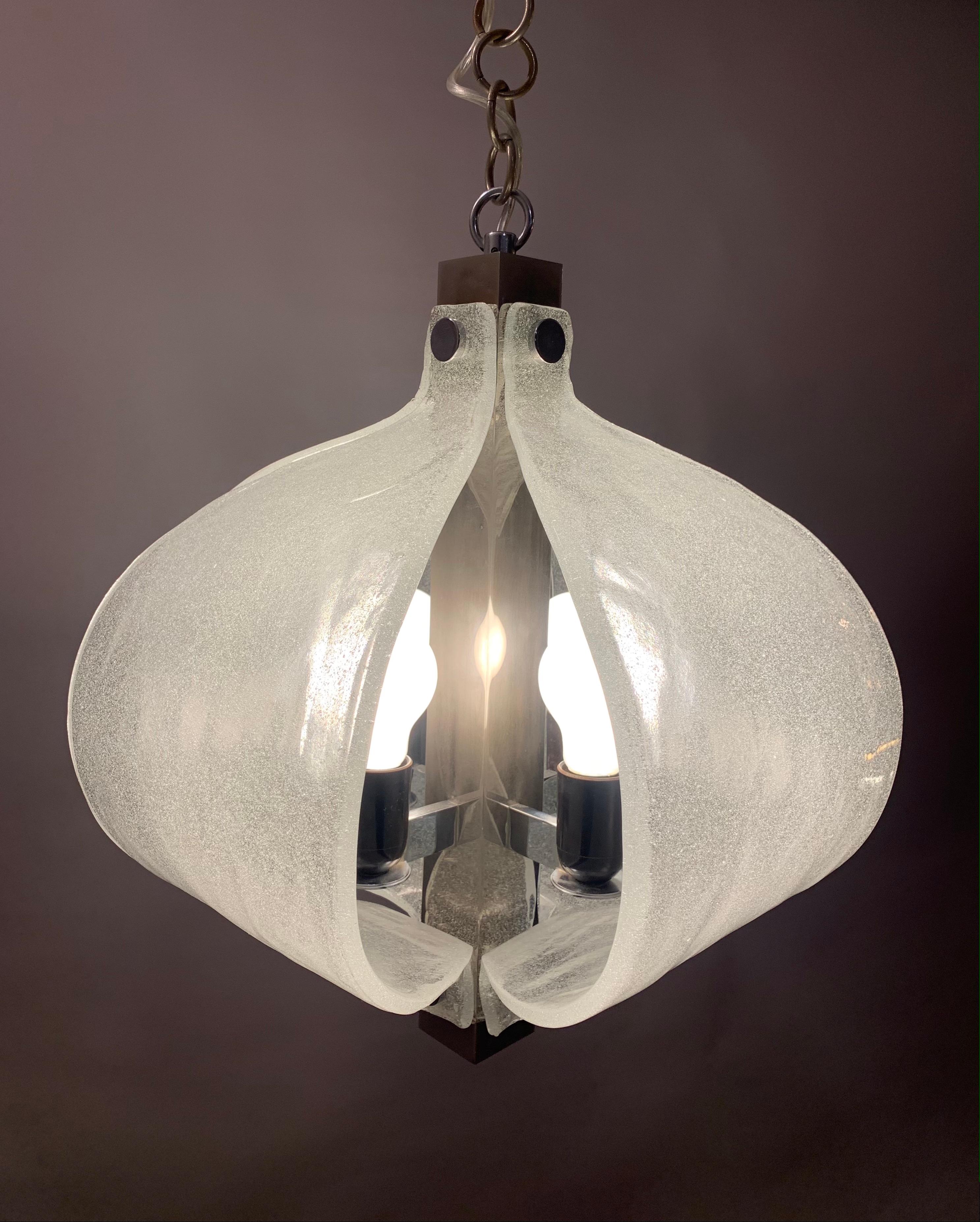 1960s Kaiser Leuchten Murano Frosted Glass and Chrome Ceiling Hanging Light In Good Condition In London, GB