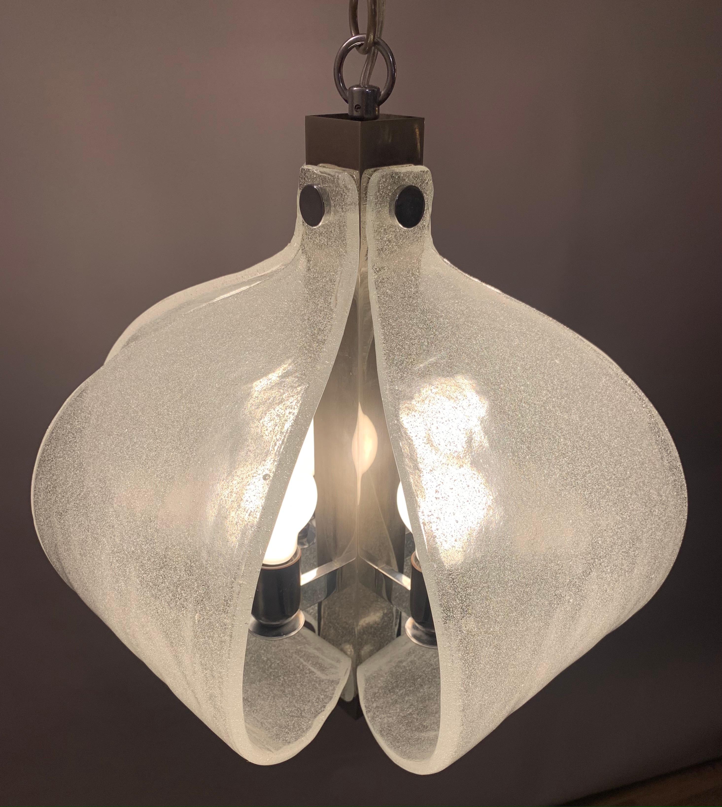 Metal 1960s Kaiser Leuchten Murano Frosted Glass and Chrome Ceiling Hanging Light