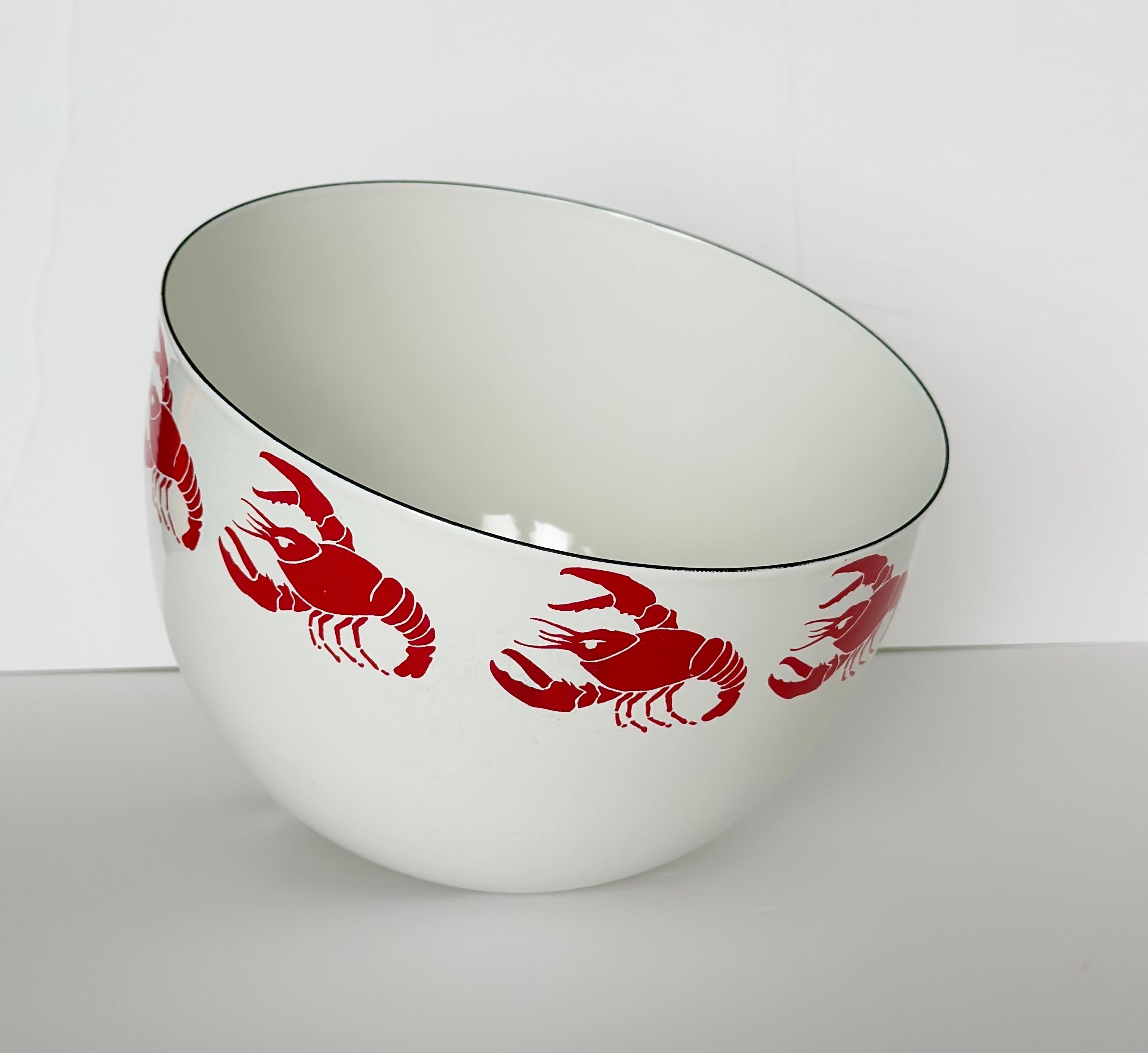 Finnish 1960s Kaj Franck for Arabia Finland White & Reb Lobsters Enamel Bowl For Sale