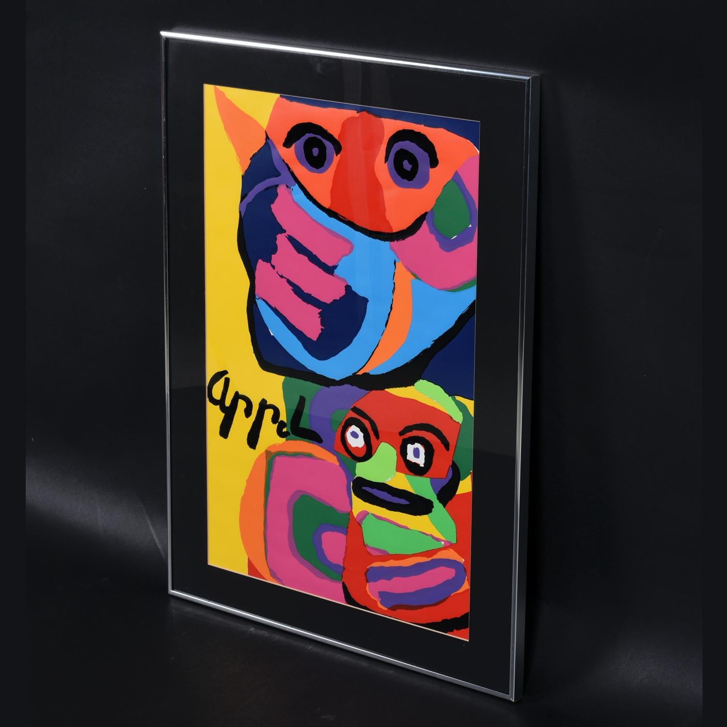 Vintage 1960s Karel Appel rhino and monkey framed serigraph. The bold artist made his plate signature part of the image. The layering of inks can be seen on close inspection, showing the exceptional quality of this lithograph. There is no edition or