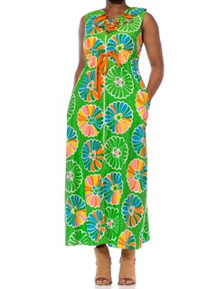 1960S Kelly Green & Orange Cotton Sateen Pinwheel Floral Dress With Pockets